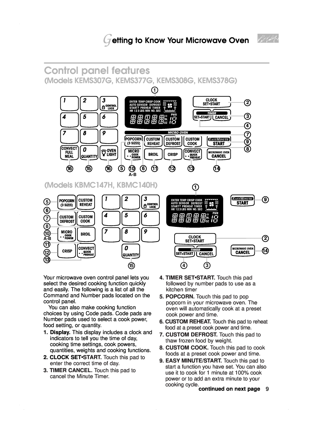 KitchenAid KEMS377G Control panel features, Getting to Know Your Microwave Oven, Models KBMC147H, KBMC140H, 4 5 7 8 