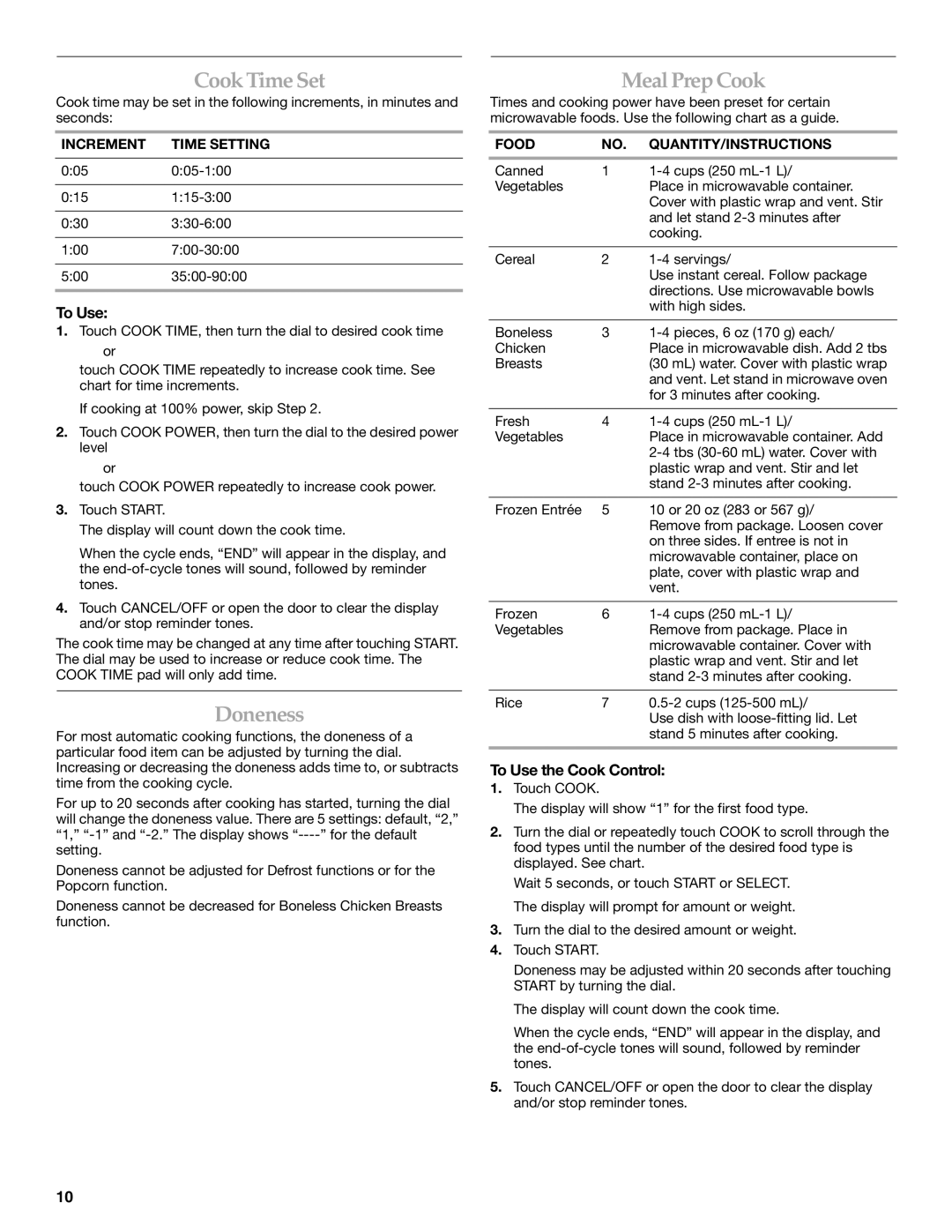 KitchenAid KBMS1454R manual Cook Time Set, Doneness, Meal Prep Cook, To Use the Cook Control 