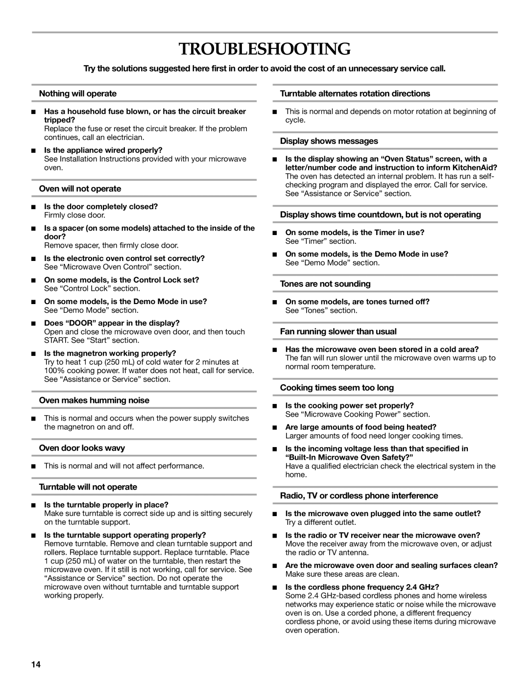 KitchenAid KBMS1454R manual Troubleshooting 