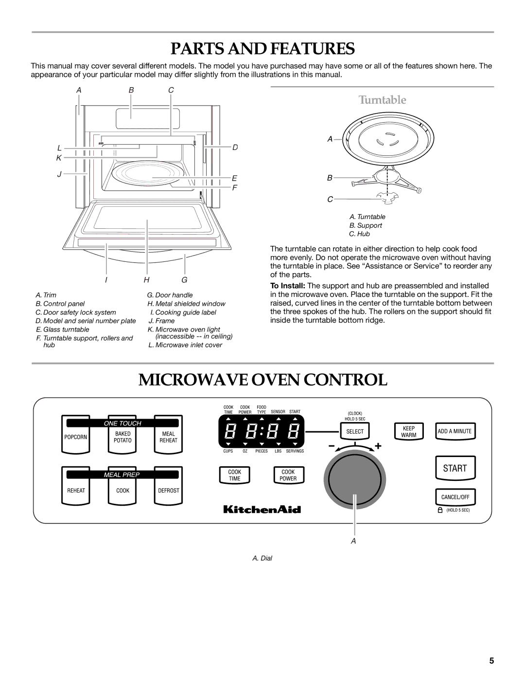 KitchenAid KBMS1454R manual Parts and Features, Microwave Oven Control, Turntable 