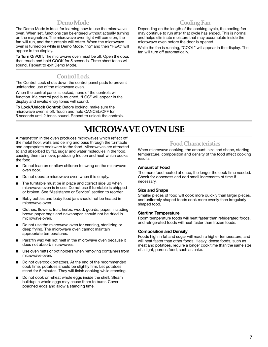 KitchenAid KBMS1454R manual Microwave Oven USE, Demo Mode, Cooling Fan, Control Lock, Food Characteristics 