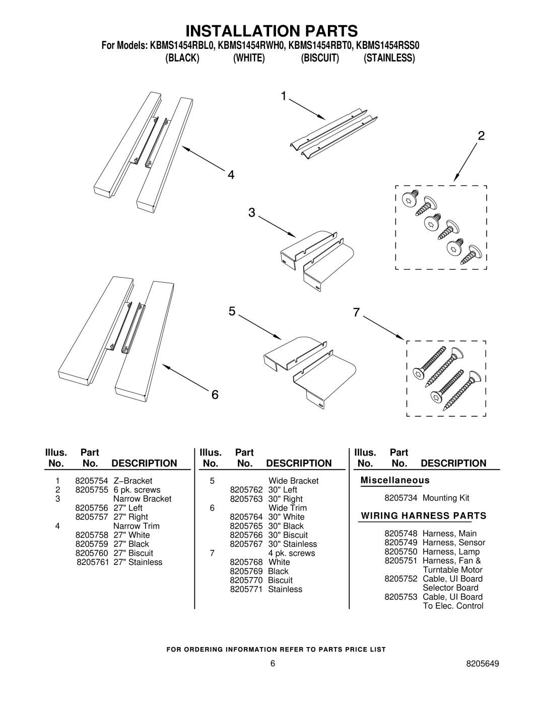 KitchenAid KBMS1454RWH0, KBMS1454RBL0, KBMS1454RSS0, KBMS1454RBT0 Installation Parts, Wiring Harness Parts 