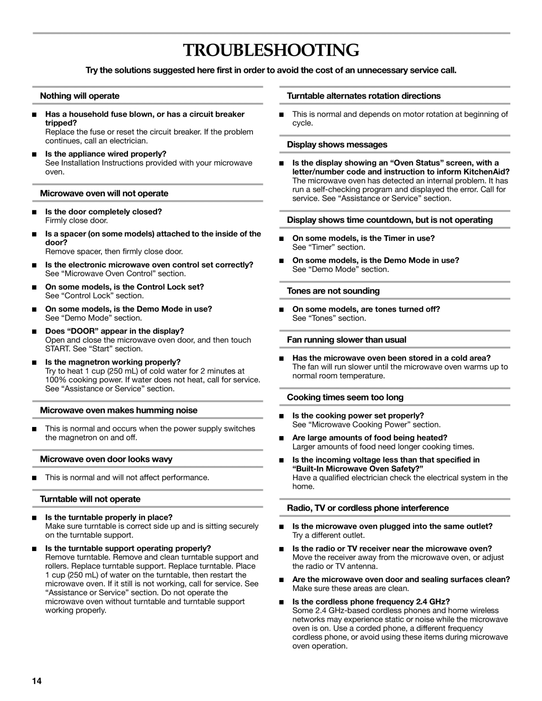 KitchenAid KBMS1454S manual Troubleshooting 