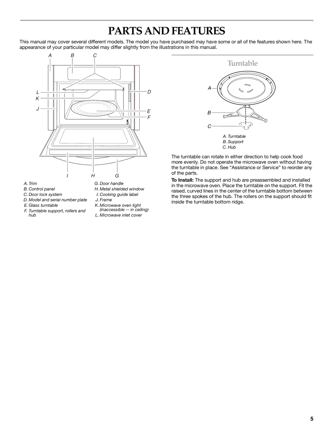 KitchenAid KBMS1454S manual Parts and Features, Turntable 