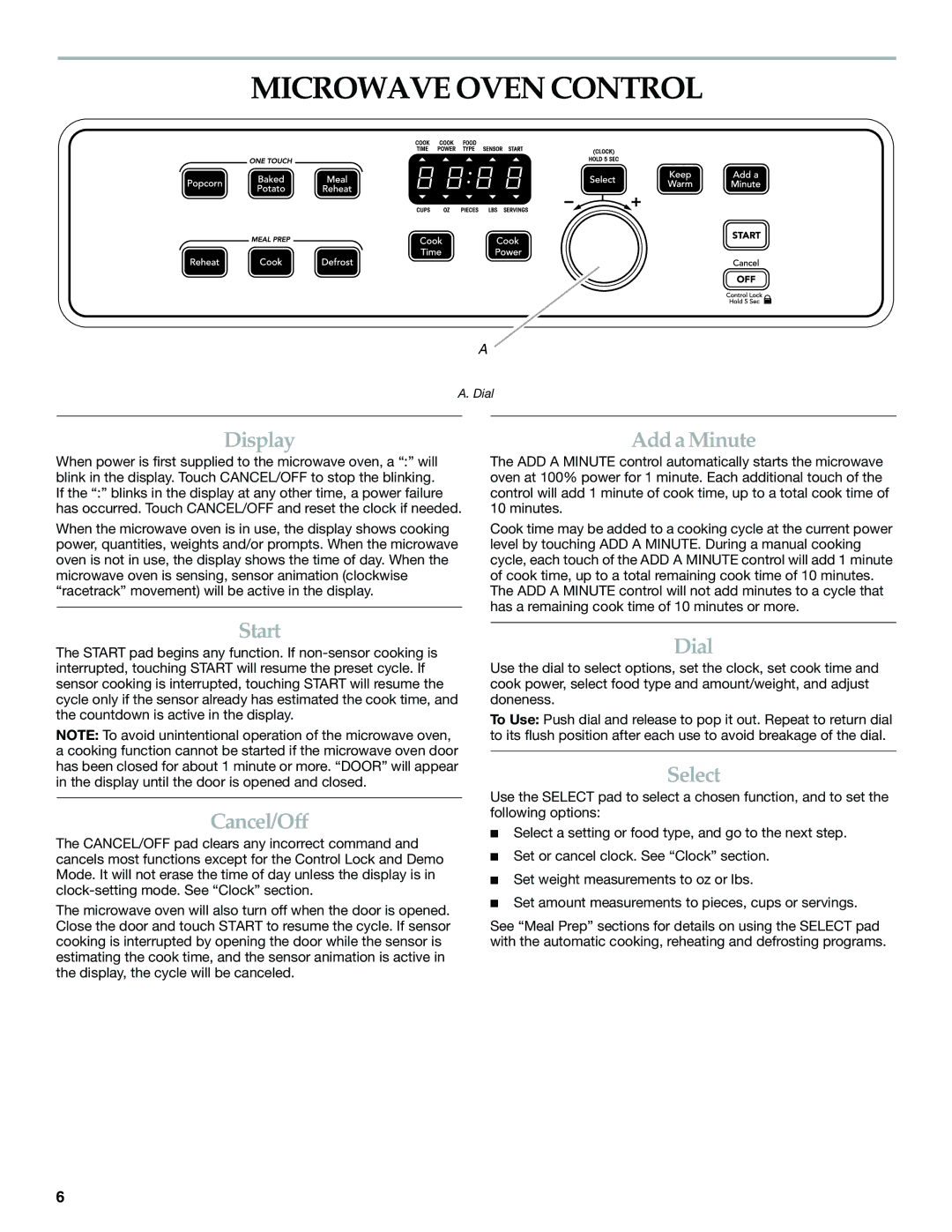 KitchenAid KBMS1454S manual Microwave Oven Control, Start, Cancel/Off, Dial, Select 