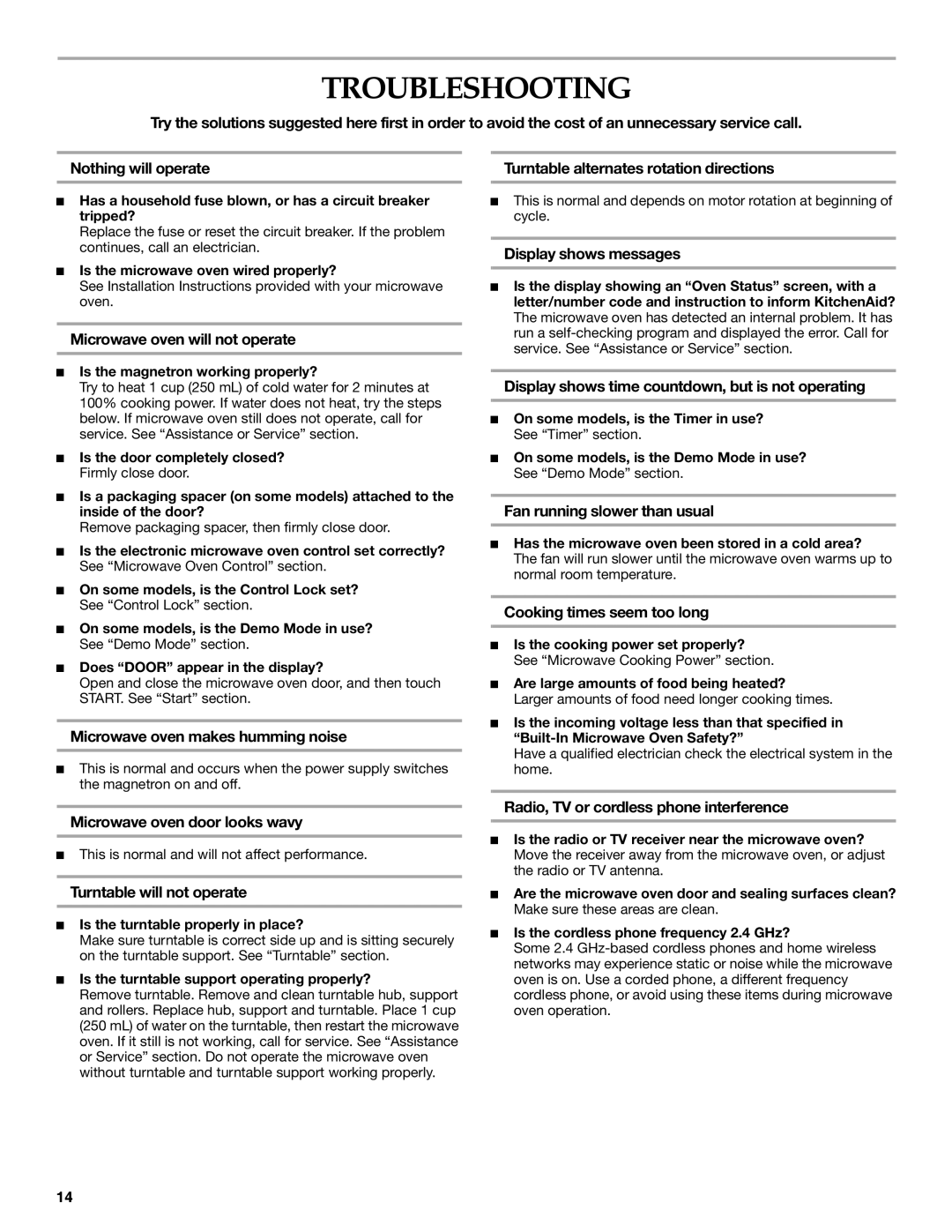 KitchenAid KBMS1454SBL manual Troubleshooting 