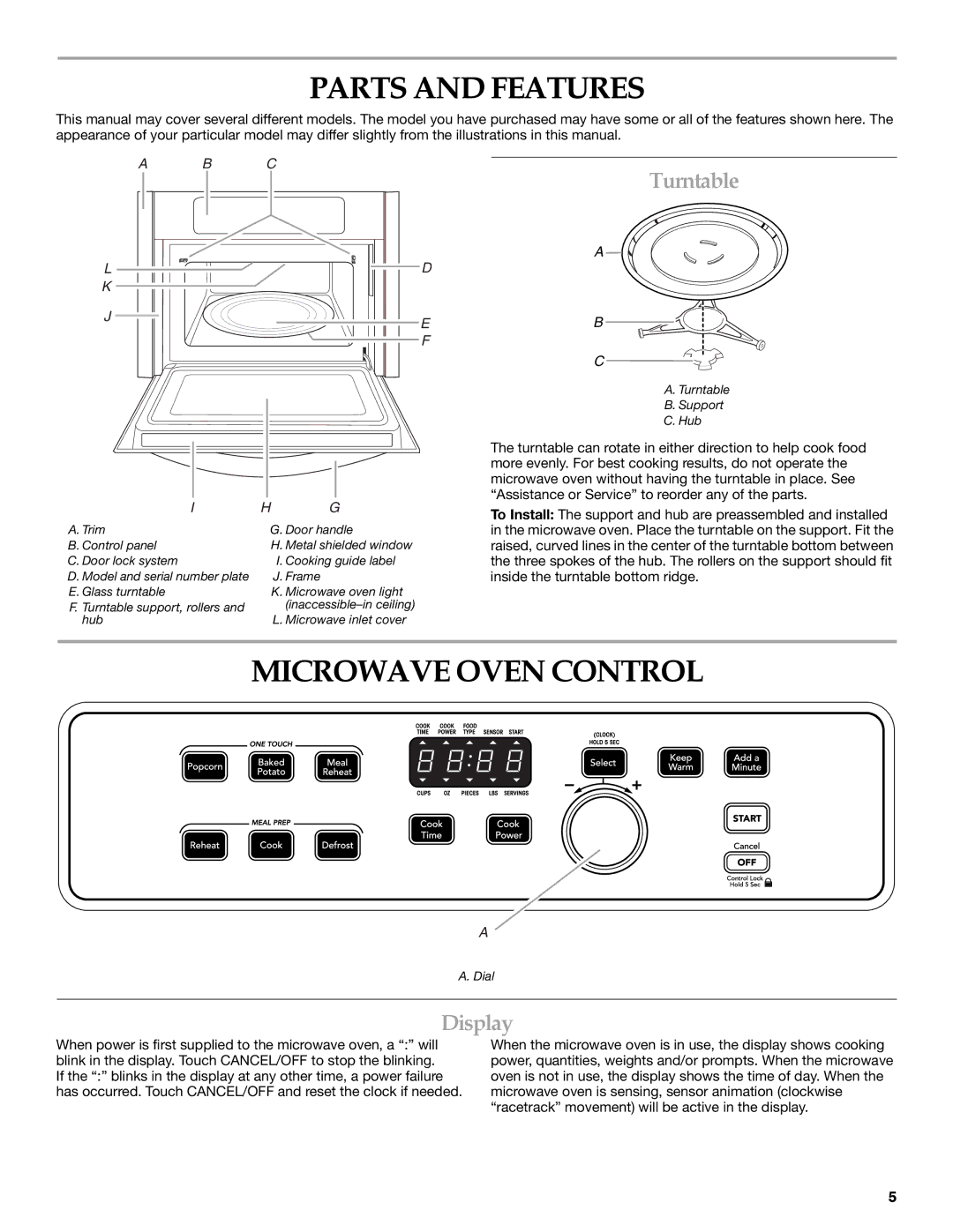 KitchenAid KBMS1454SBL manual Parts and Features, Microwave Oven Control, Turntable, Display 