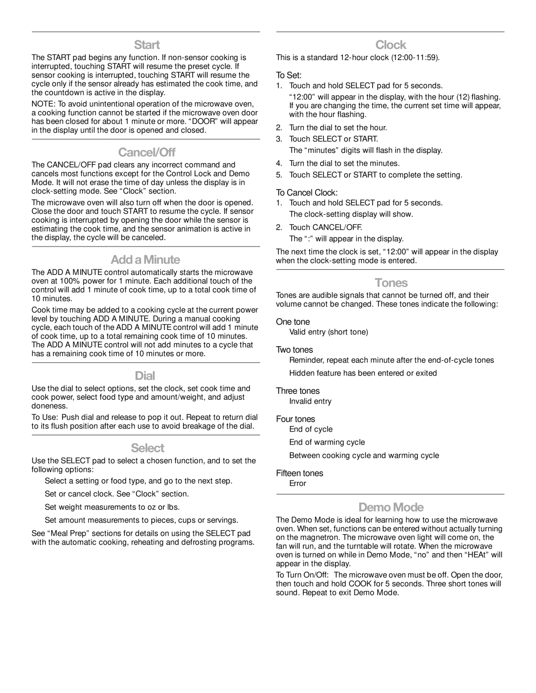 KitchenAid KBMS1454SBL manual Start, Cancel/Off, AddaMinute, Dial, Select, Clock, Tones, DemoMode 