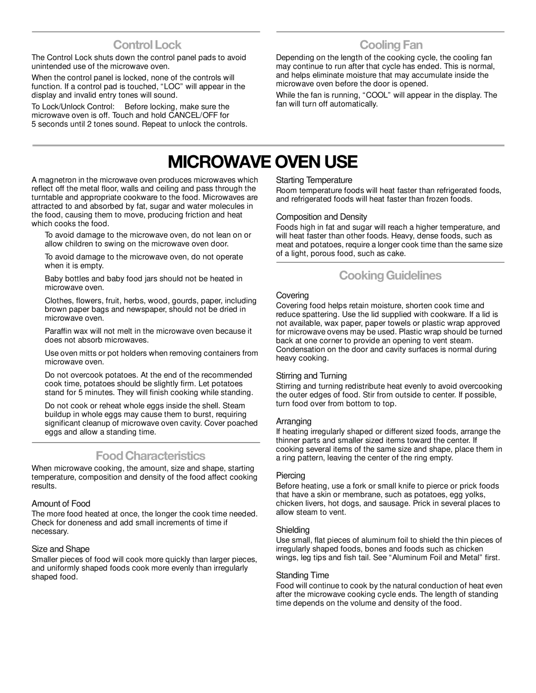 KitchenAid KBMS1454SBL manual Microwave Oven USE, ControlLock, CoolingFan, FoodCharacteristics, CookingGuidelines 