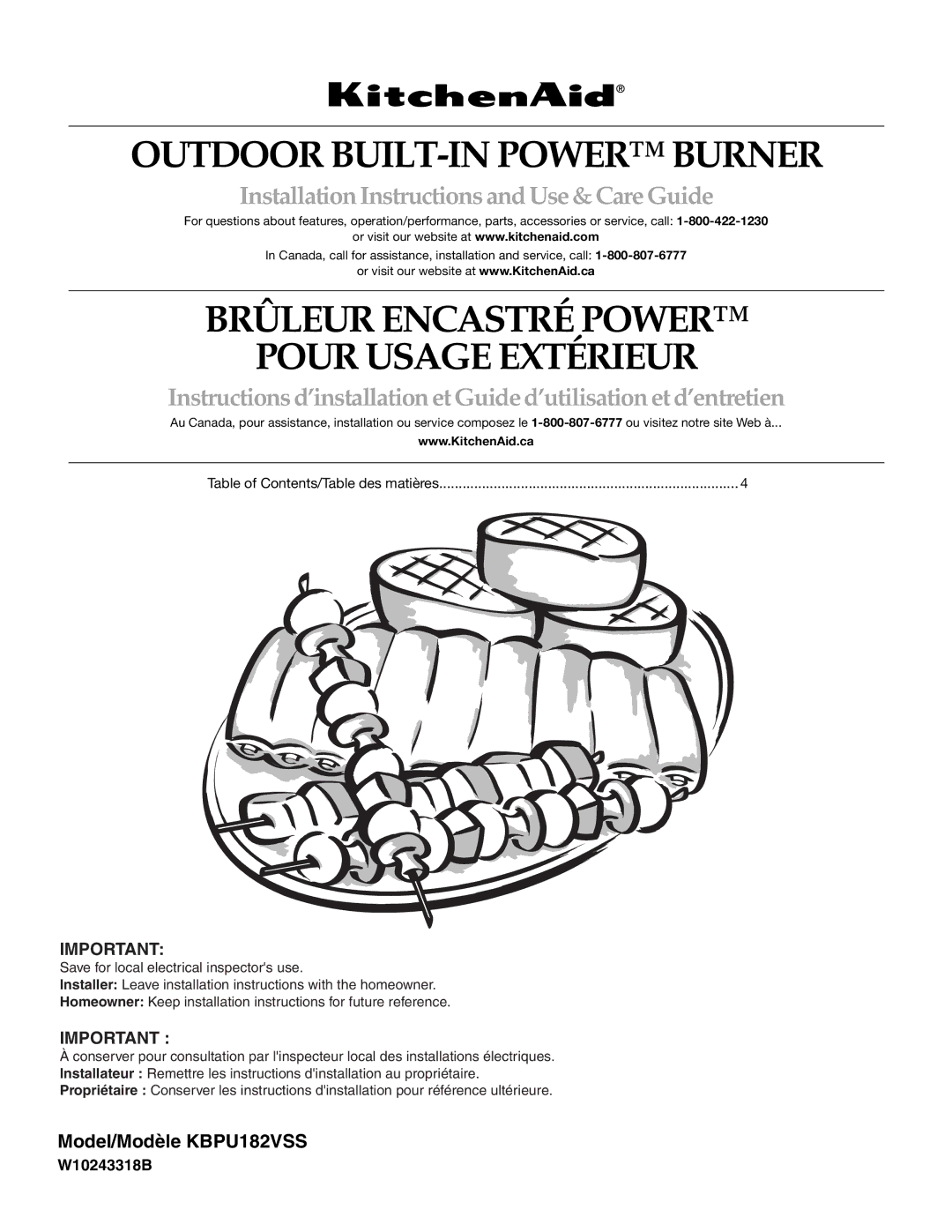 KitchenAid KBPU182VSS installation instructions Outdoor BUILT-IN Power Burner 