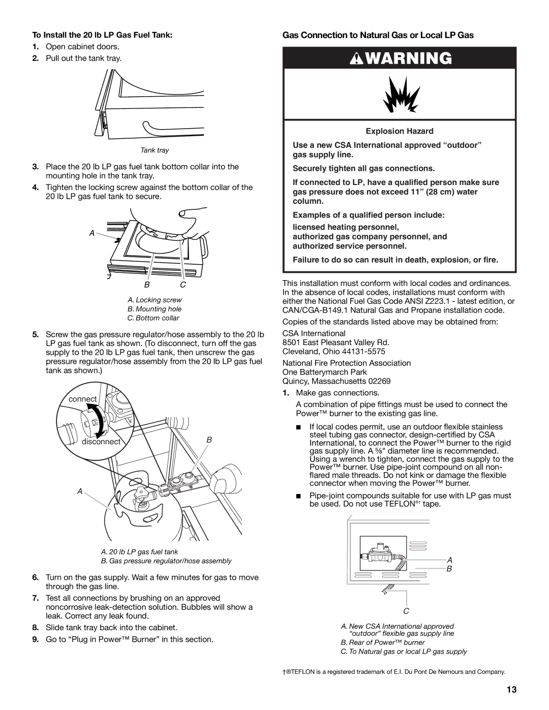 KitchenAid KBPU182VSS Gas Connection to Natural Gas or Local LP Gas, To Install the 20 lb LP Gas Fuel Tank 