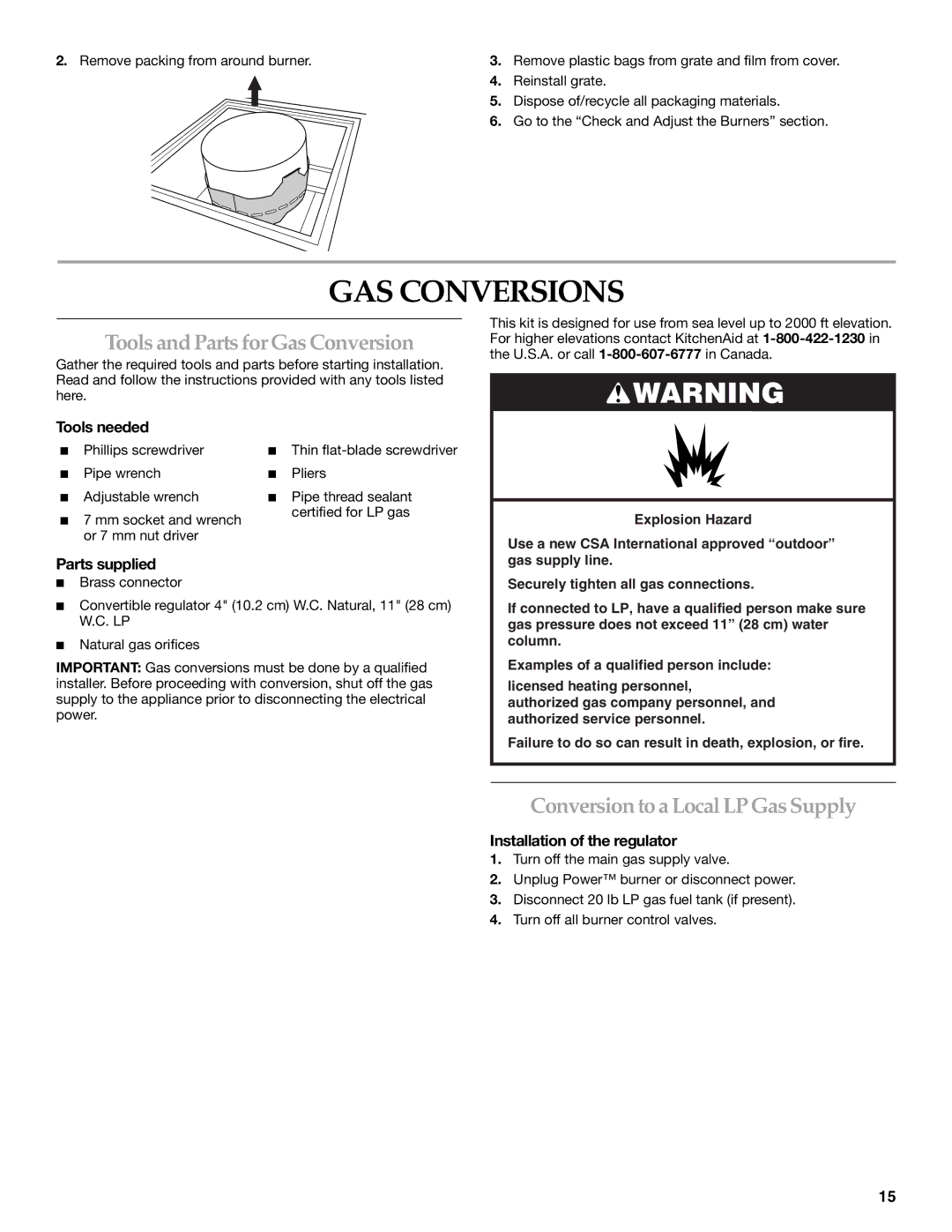 KitchenAid KBPU182VSS GAS Conversions, Tools and Parts for Gas Conversion, Conversion to a Local LP Gas Supply 