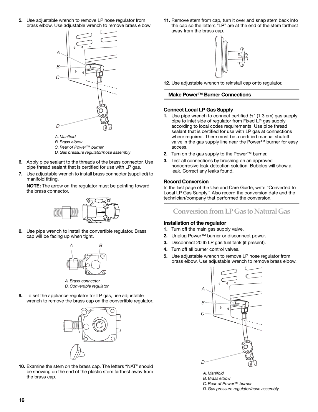 KitchenAid KBPU182VSS Conversion from LP Gas to Natural Gas, Make Power Burner Connections Connect Local LP Gas Supply 