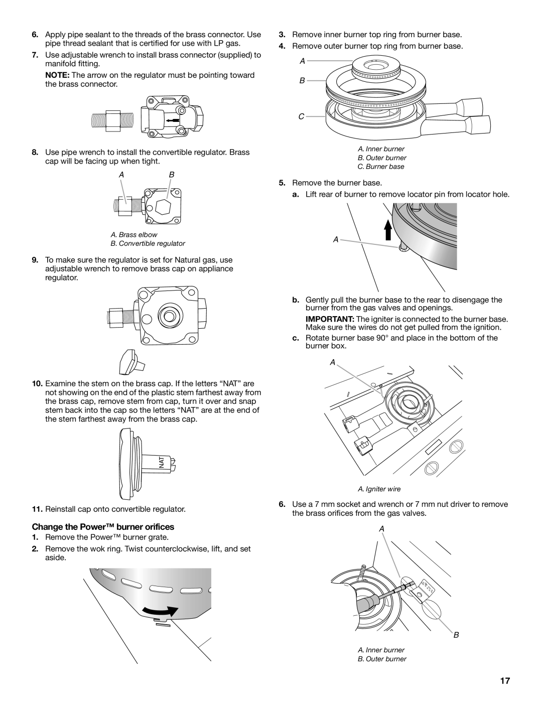 KitchenAid KBPU182VSS installation instructions Change the Power burner orifices, Reinstall cap onto convertible regulator 