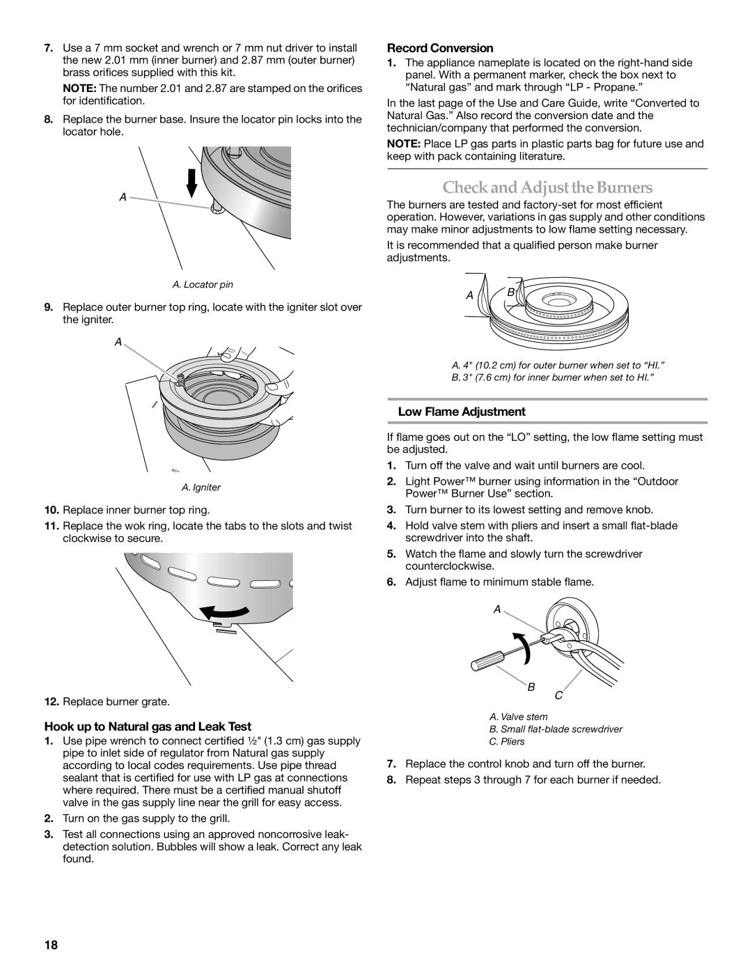 KitchenAid KBPU182VSS Check and Adjust the Burners, Hook up to Natural gas and Leak Test, Low Flame Adjustment 