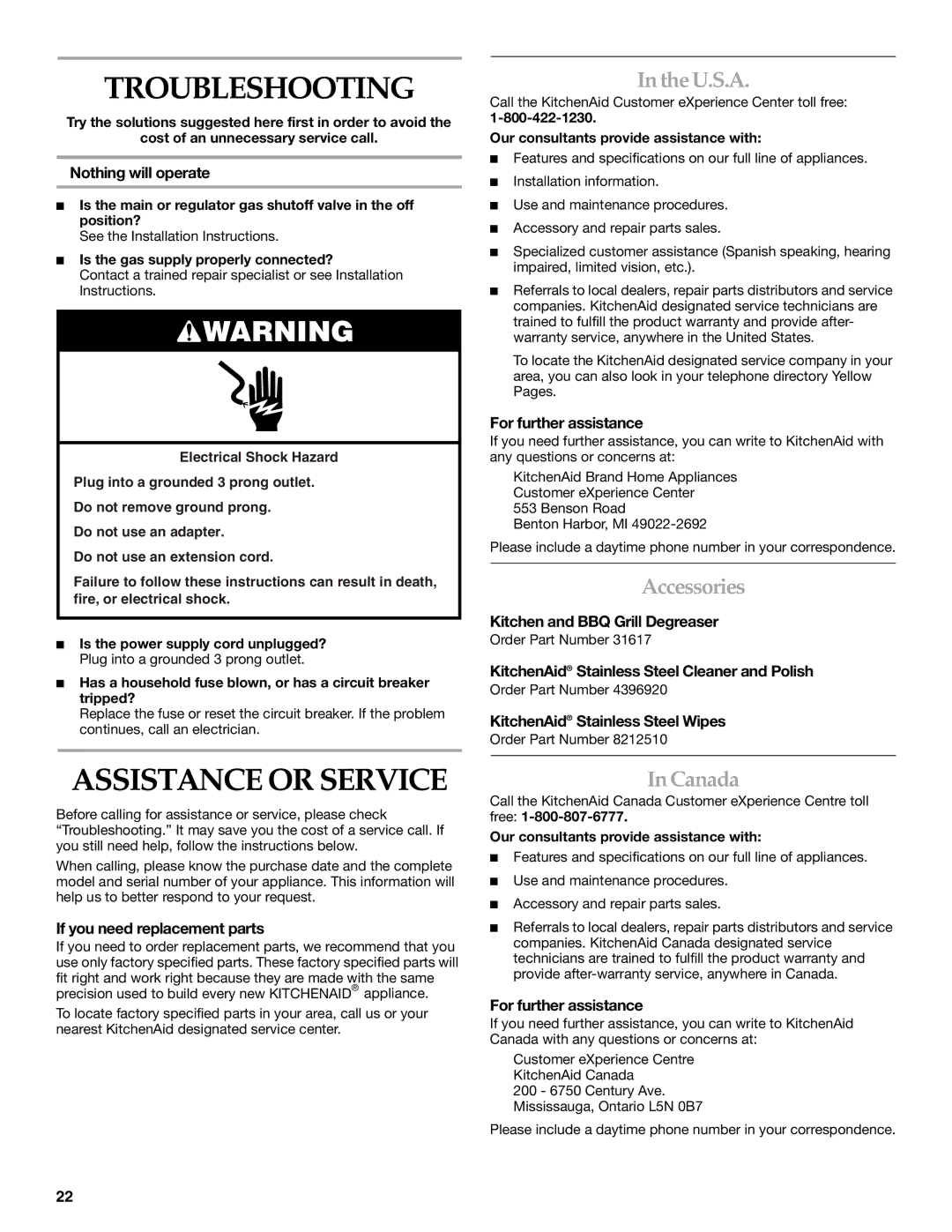 KitchenAid KBPU182VSS installation instructions Troubleshooting, Assistance or Service, U.S.A, Accessories, Canada 