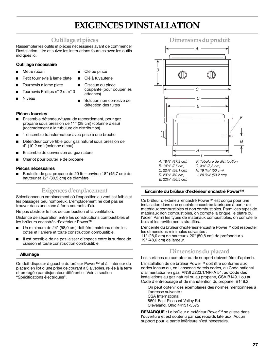 KitchenAid KBPU182VSS Exigences Dinstallation, Outillage et pièces, Dimensions du produit, Exigences demplacement 