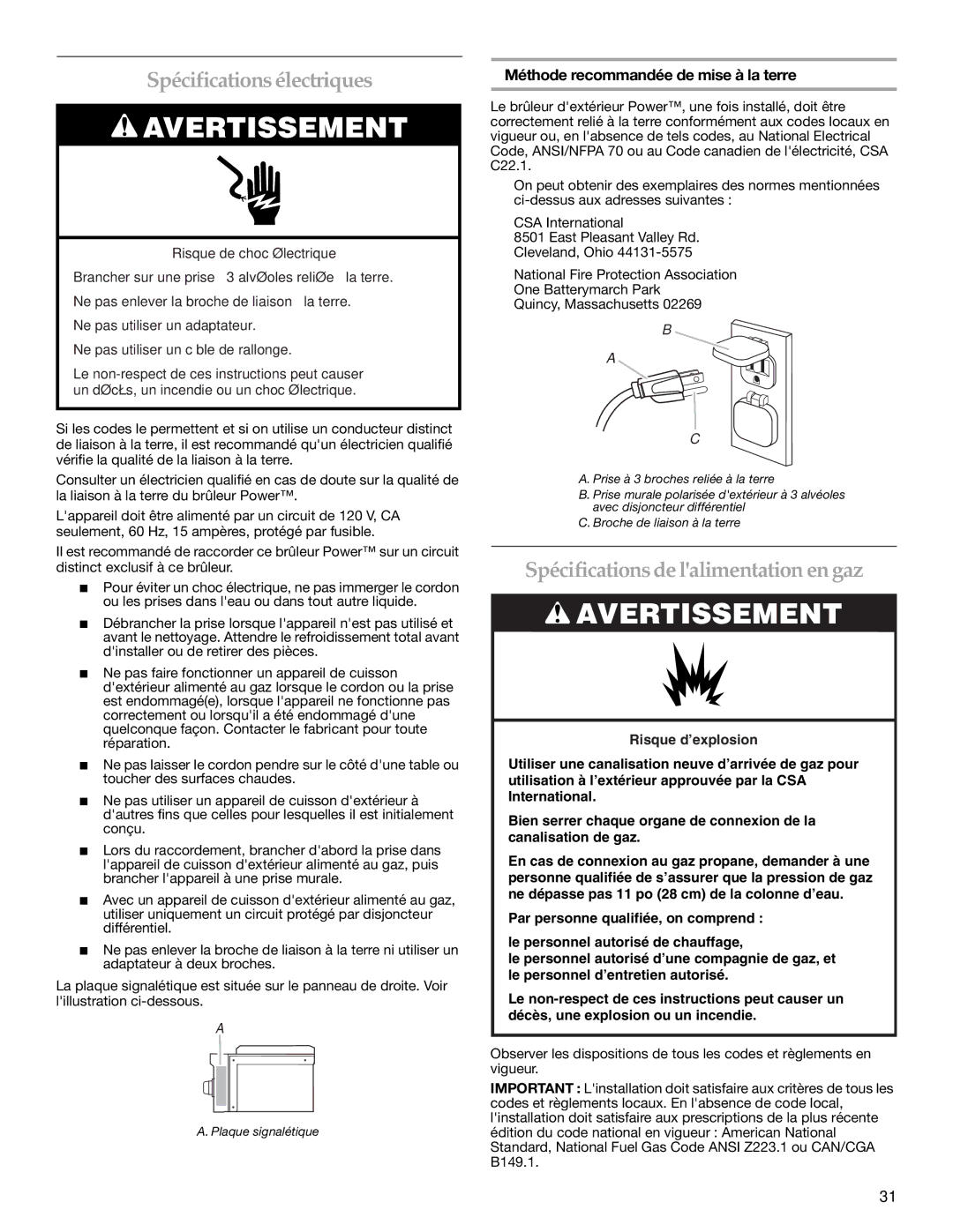 KitchenAid KBPU182VSS installation instructions Spécifications électriques, Spécifications de lalimentation en gaz 