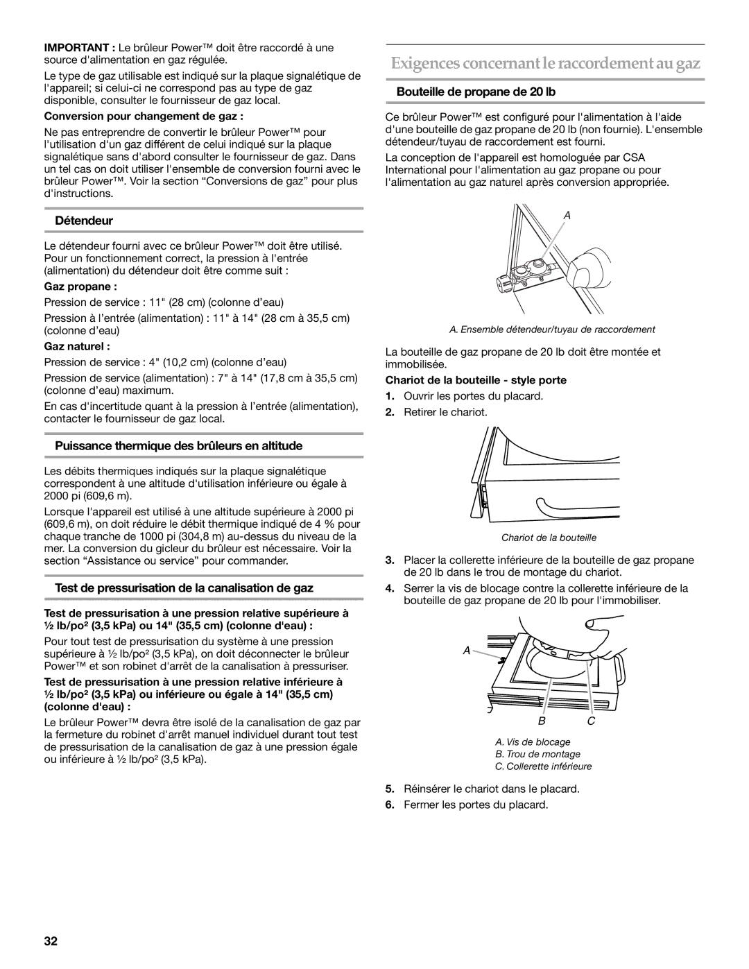 KitchenAid KBPU182VSS Exigences concernant le raccordement au gaz, Détendeur, Bouteille de propane de 20 lb 