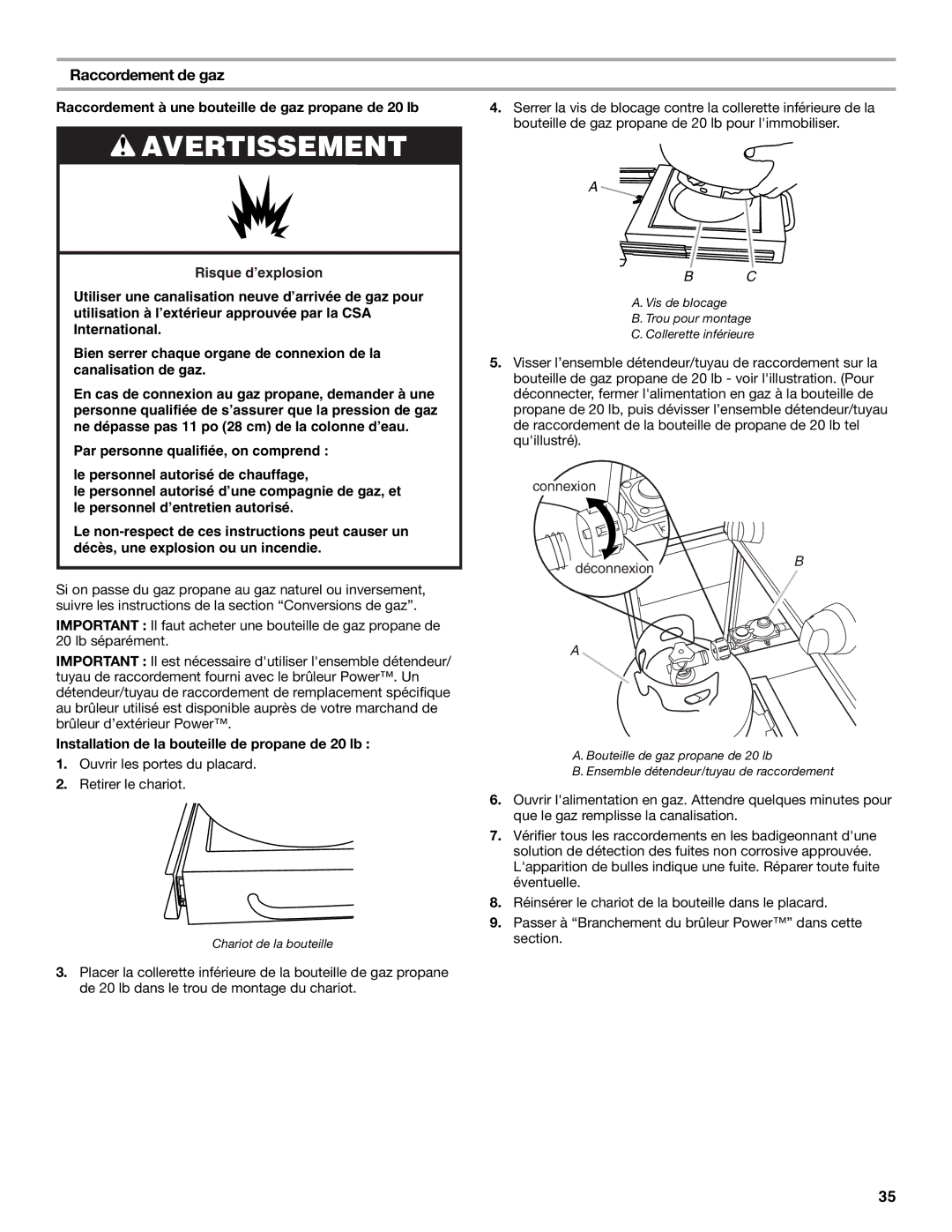 KitchenAid KBPU182VSS installation instructions Raccordement de gaz, Raccordement à une bouteille de gaz propane de 20 lb 