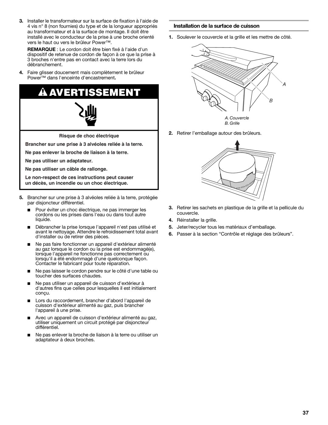 KitchenAid KBPU182VSS Installation de la surface de cuisson, Soulever le couvercle et la grille et les mettre de côté 