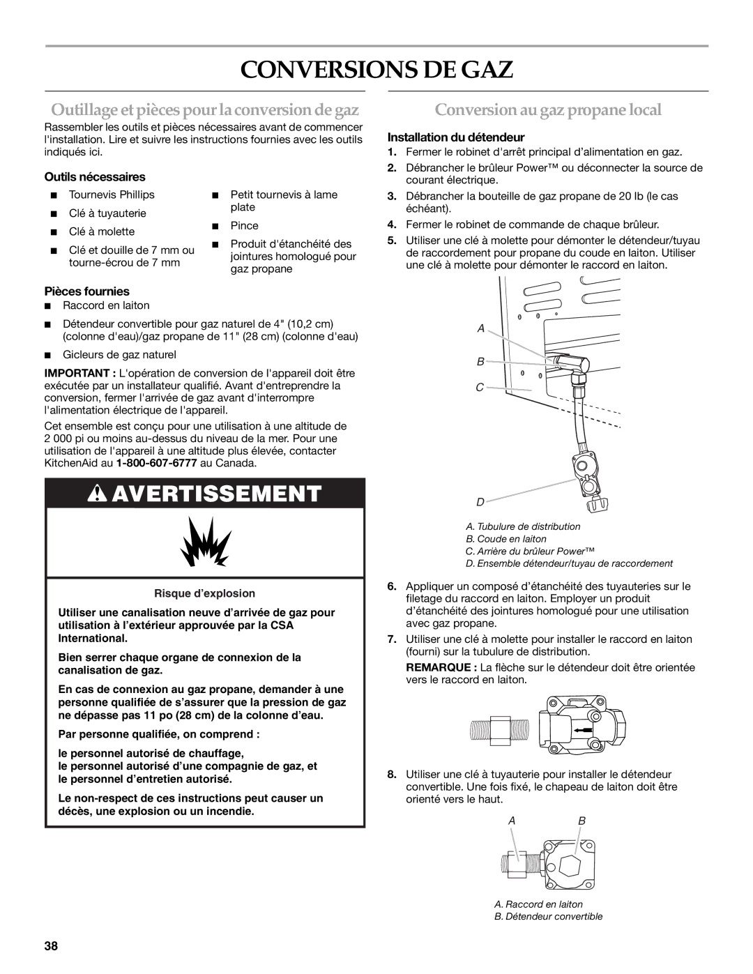 KitchenAid KBPU182VSS Conversions DE GAZ, Outillage et pièces pour la conversion de gaz, Conversion au gaz propane local 