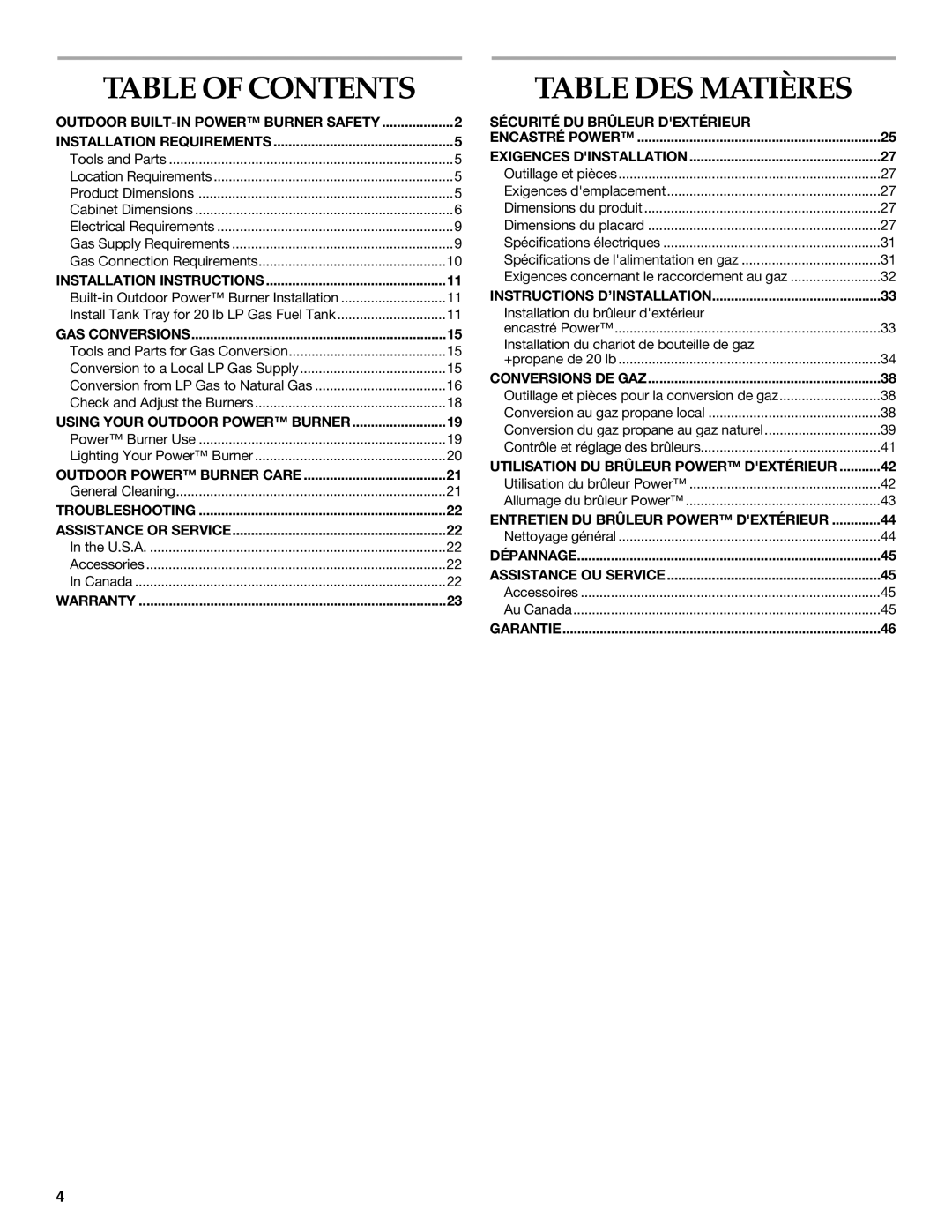 KitchenAid KBPU182VSS installation instructions Table DES Matières, Table of Contents 