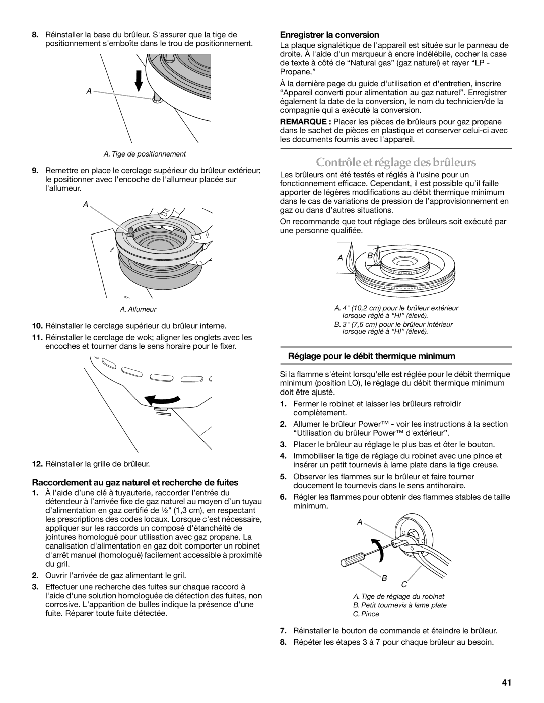 KitchenAid KBPU182VSS Contrôle et réglage des brûleurs, Raccordement au gaz naturel et recherche de fuites 