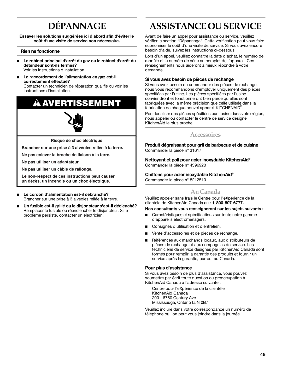 KitchenAid KBPU182VSS installation instructions Dépannage, Assistance OU Service, Accessoires, Au Canada 