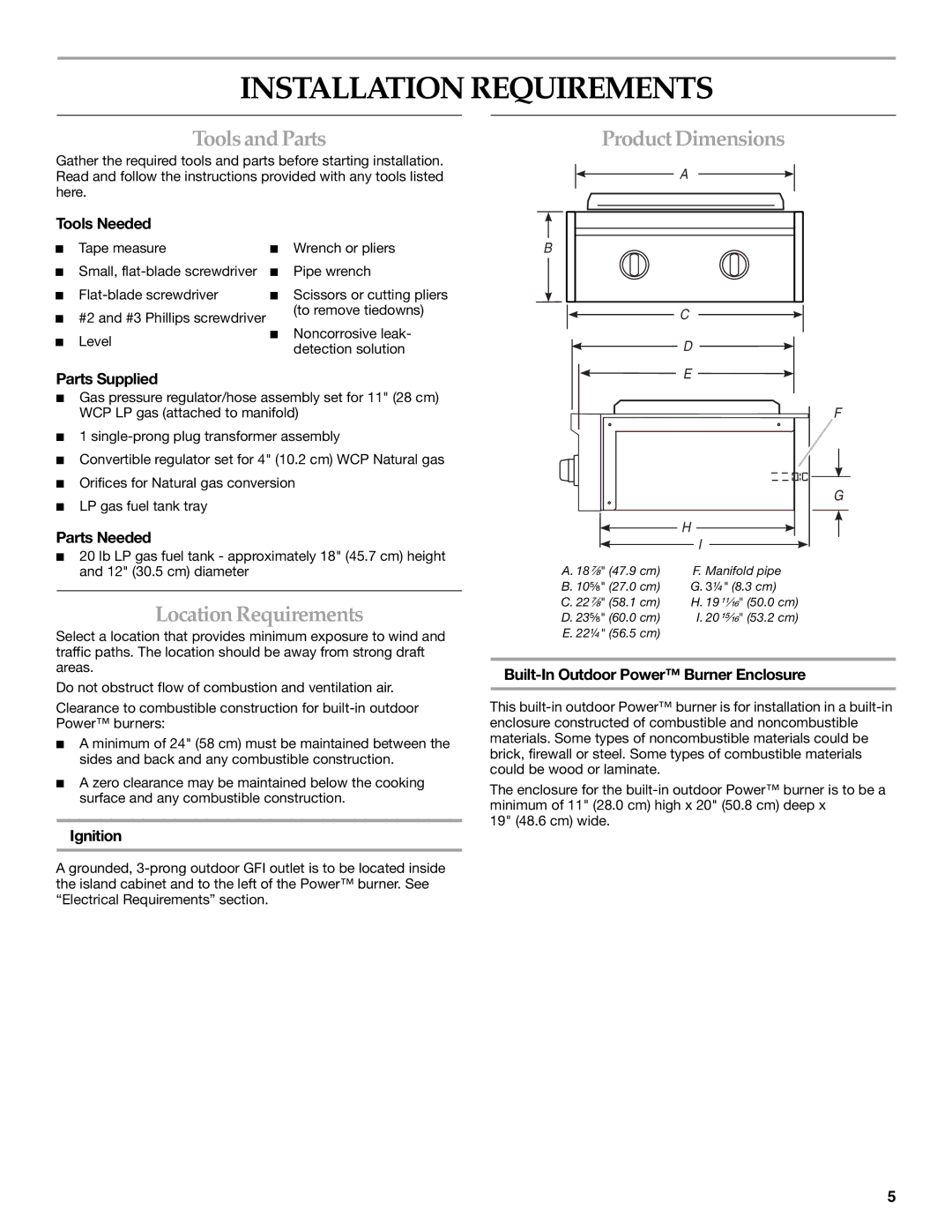 KitchenAid KBPU182VSS Installation Requirements, Tools and Parts, Location Requirements, Product Dimensions 