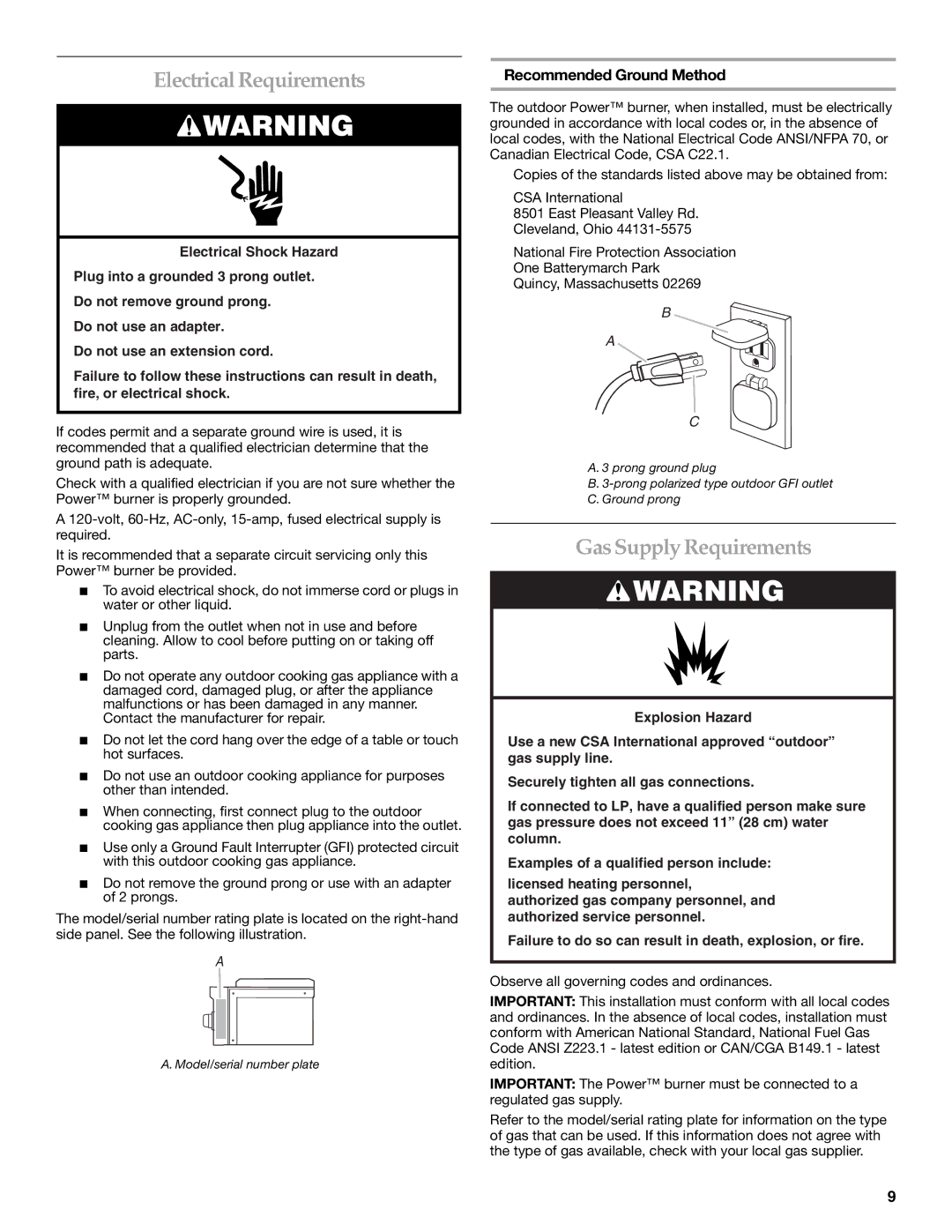 KitchenAid KBPU182VSS installation instructions Electrical Requirements, Gas Supply Requirements, Recommended Ground Method 