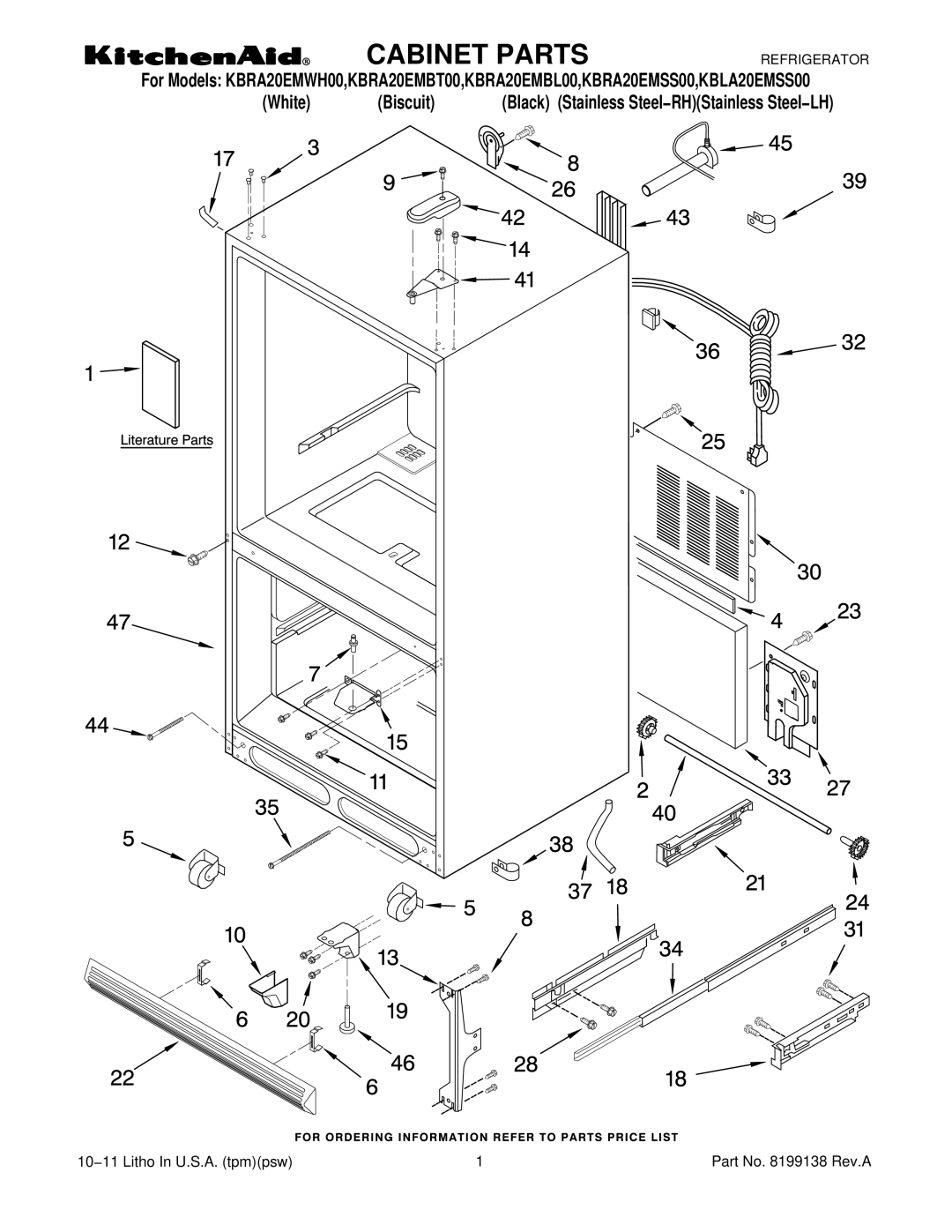 KitchenAid KBRA20EMWH00 manual Cabinet Parts 