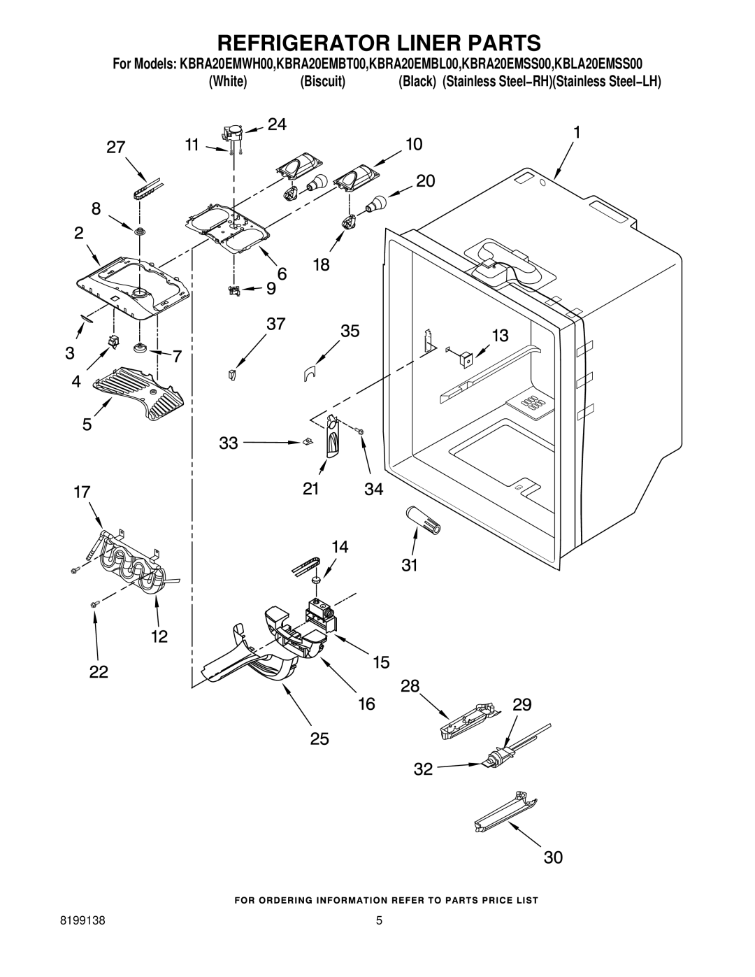 KitchenAid KBRA20EMWH00 manual Refrigerator Liner Parts 