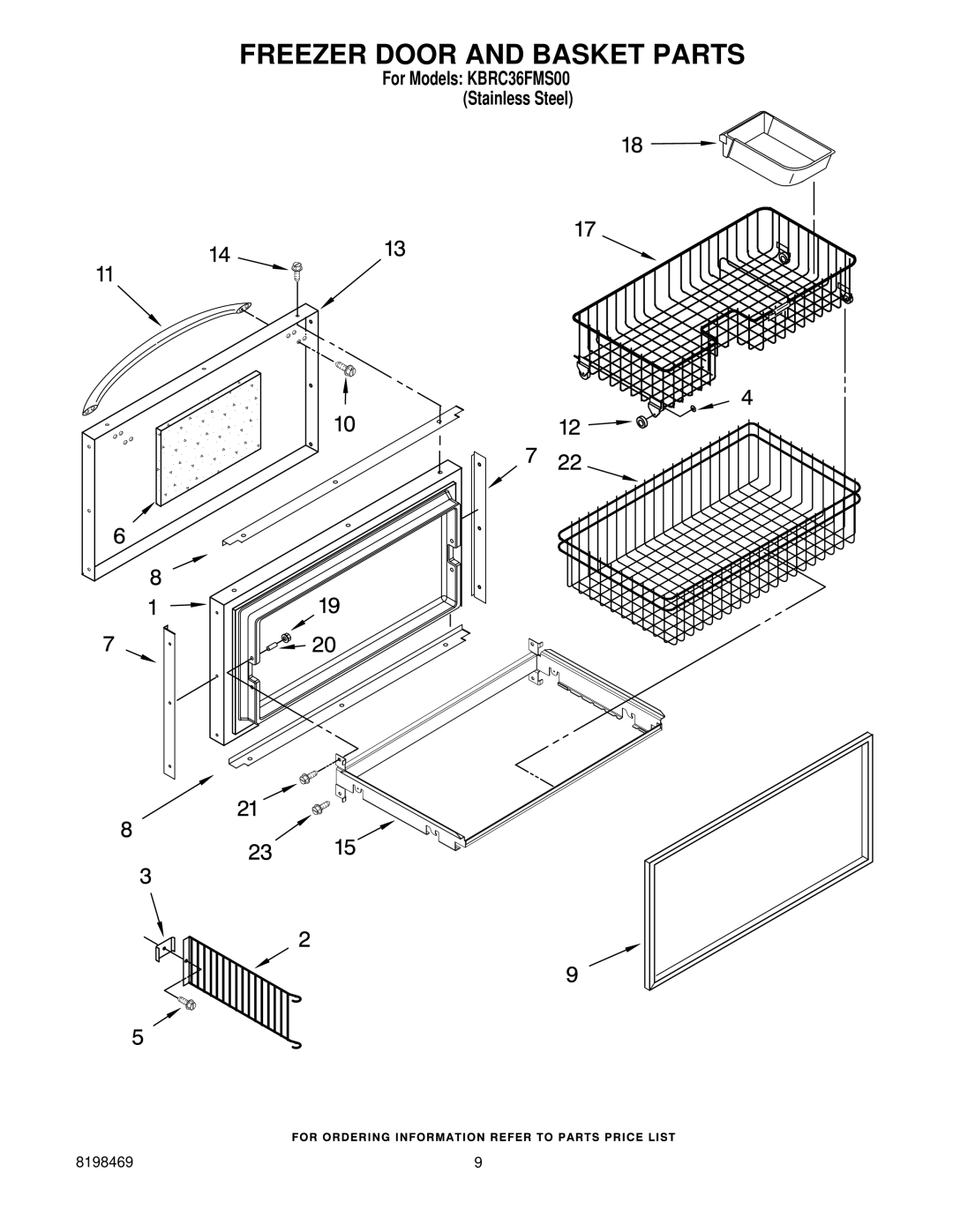 KitchenAid KBRC36FMS00 manual Freezer Door and Basket Parts 