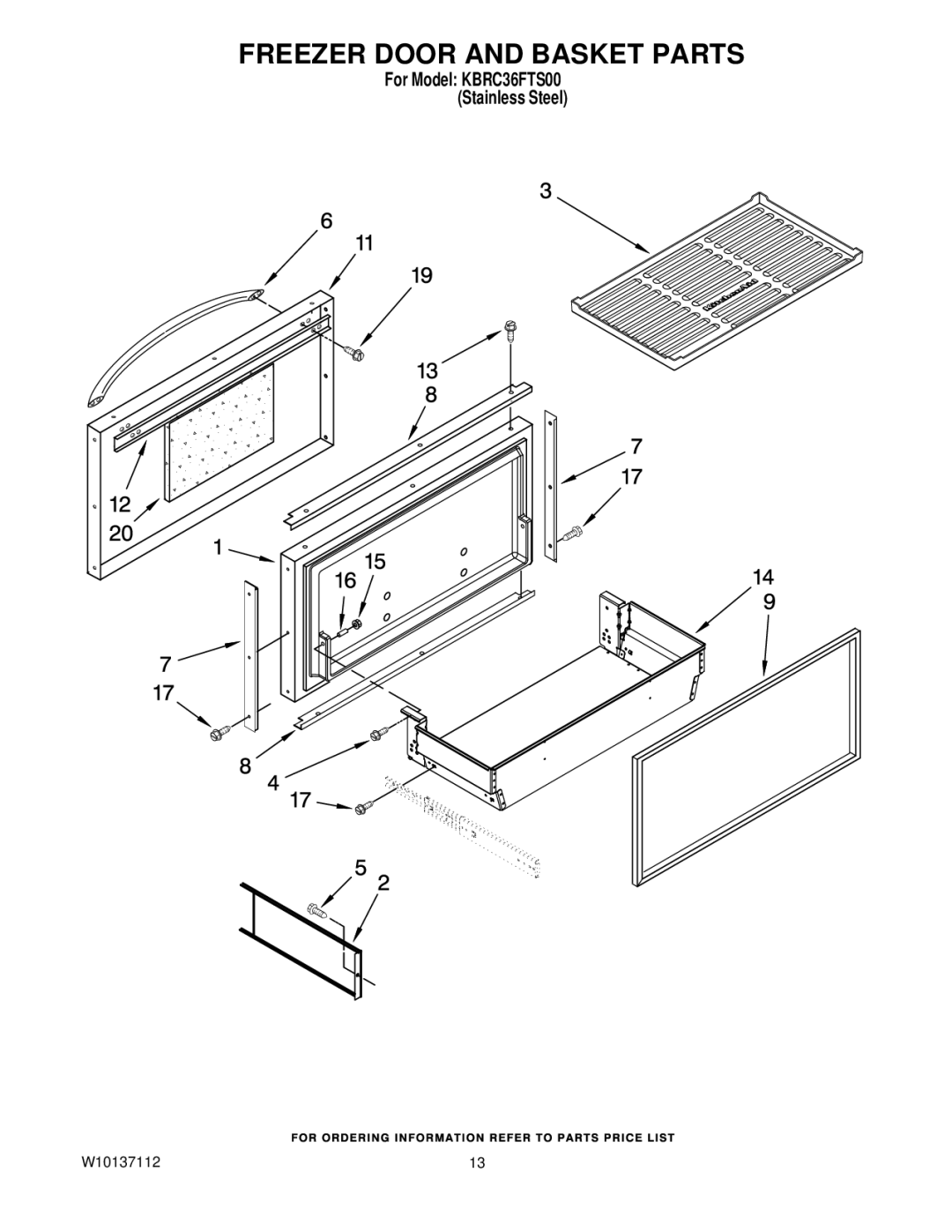 KitchenAid KBRC36FTS00 manual Freezer Door and Basket Parts 