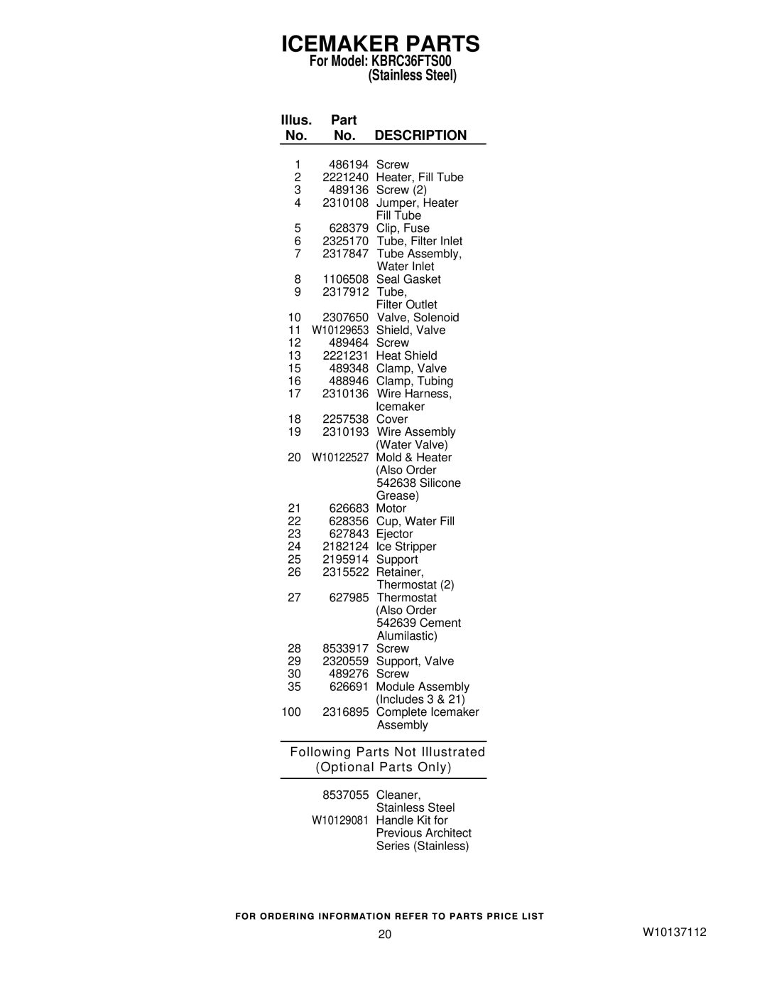 KitchenAid KBRC36FTS00 manual Icemaker Parts, Following Parts Not Illustrated Optional Parts Only 