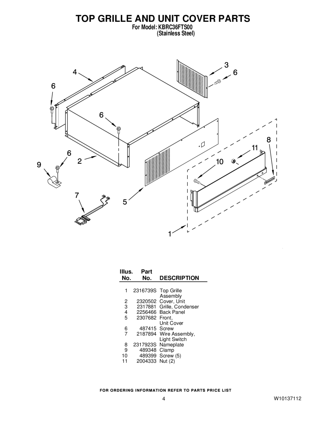 KitchenAid KBRC36FTS00 manual TOP Grille and Unit Cover Parts 