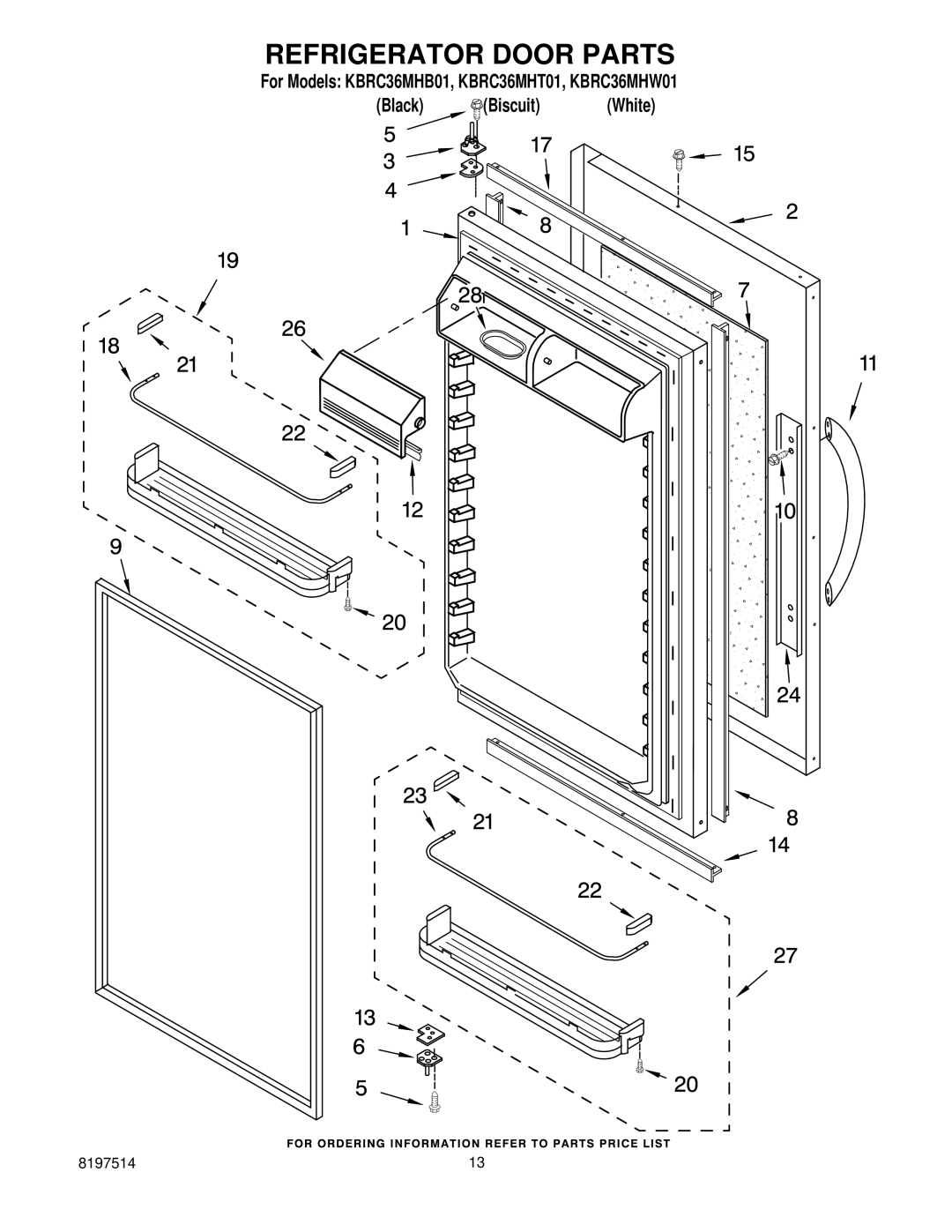 KitchenAid KBRC36MHT01, KBRC36MHW01, KBRC36MHB01 manual Refrigerator Door Parts 