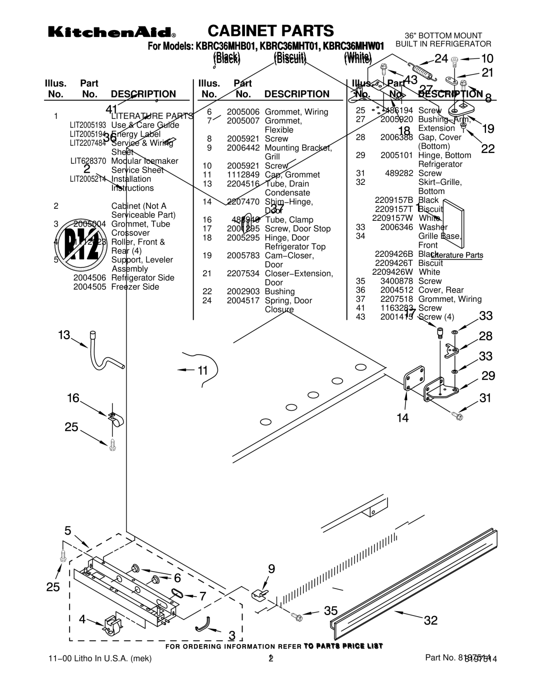 KitchenAid KBRC36MHB01, KBRC36MHW01, KBRC36MHT01 manual Cabinet Parts, Illus. Part No. No. Description 