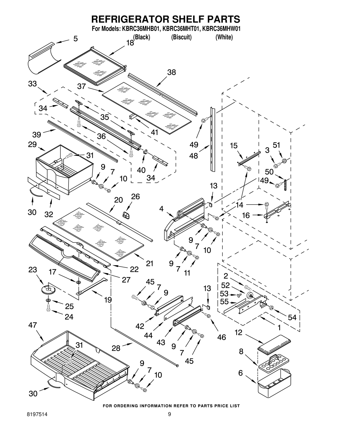 KitchenAid KBRC36MHW01, KBRC36MHT01, KBRC36MHB01 manual Refrigerator Shelf Parts 