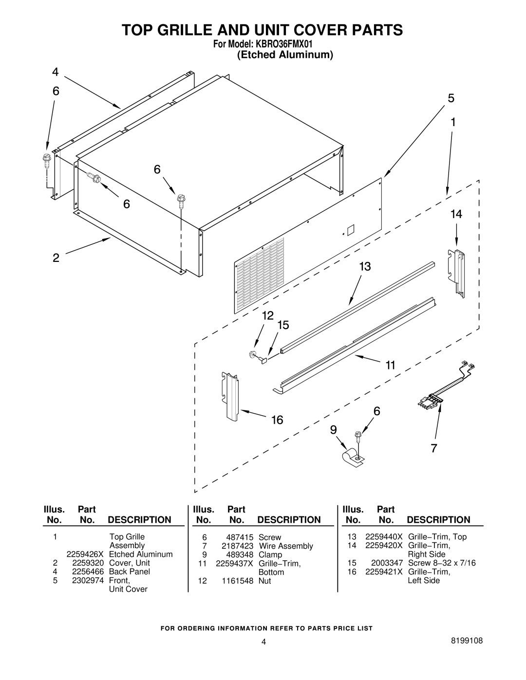 KitchenAid KBRO36FMX01 manual TOP Grille and Unit Cover Parts 