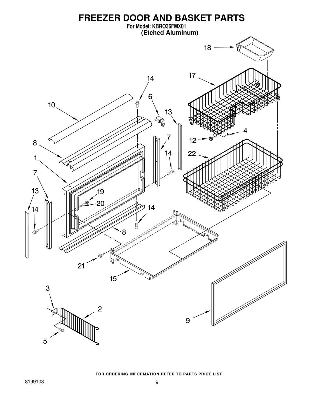 KitchenAid KBRO36FMX01 manual Freezer Door and Basket Parts 