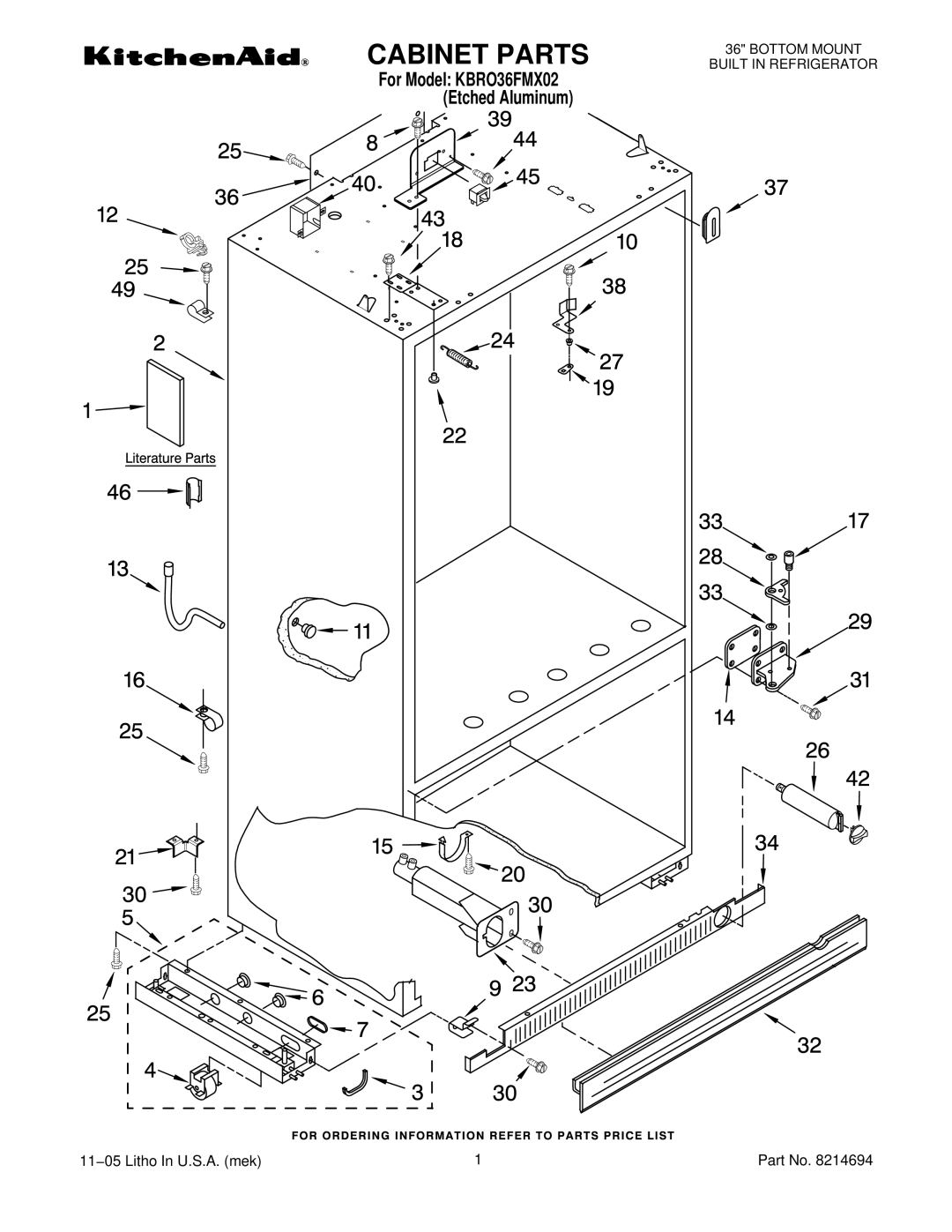 KitchenAid KBRO36FMX02 manual Cabinet Parts 