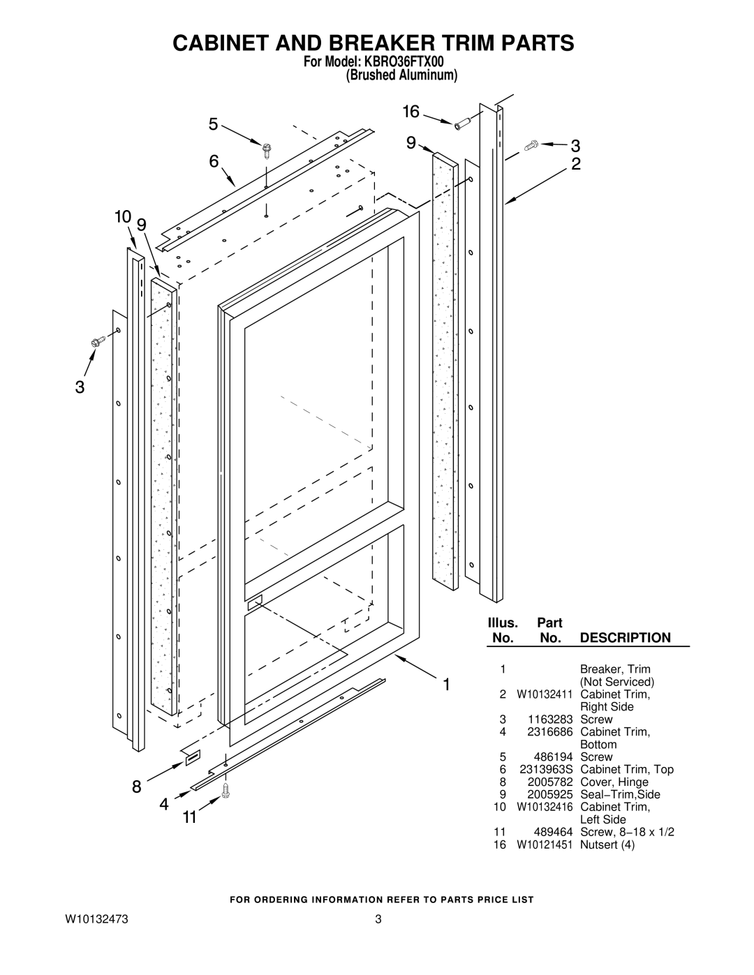 KitchenAid manual Cabinet and Breaker Trim Parts, For Model KBRO36FTX00 Brushed Aluminum 