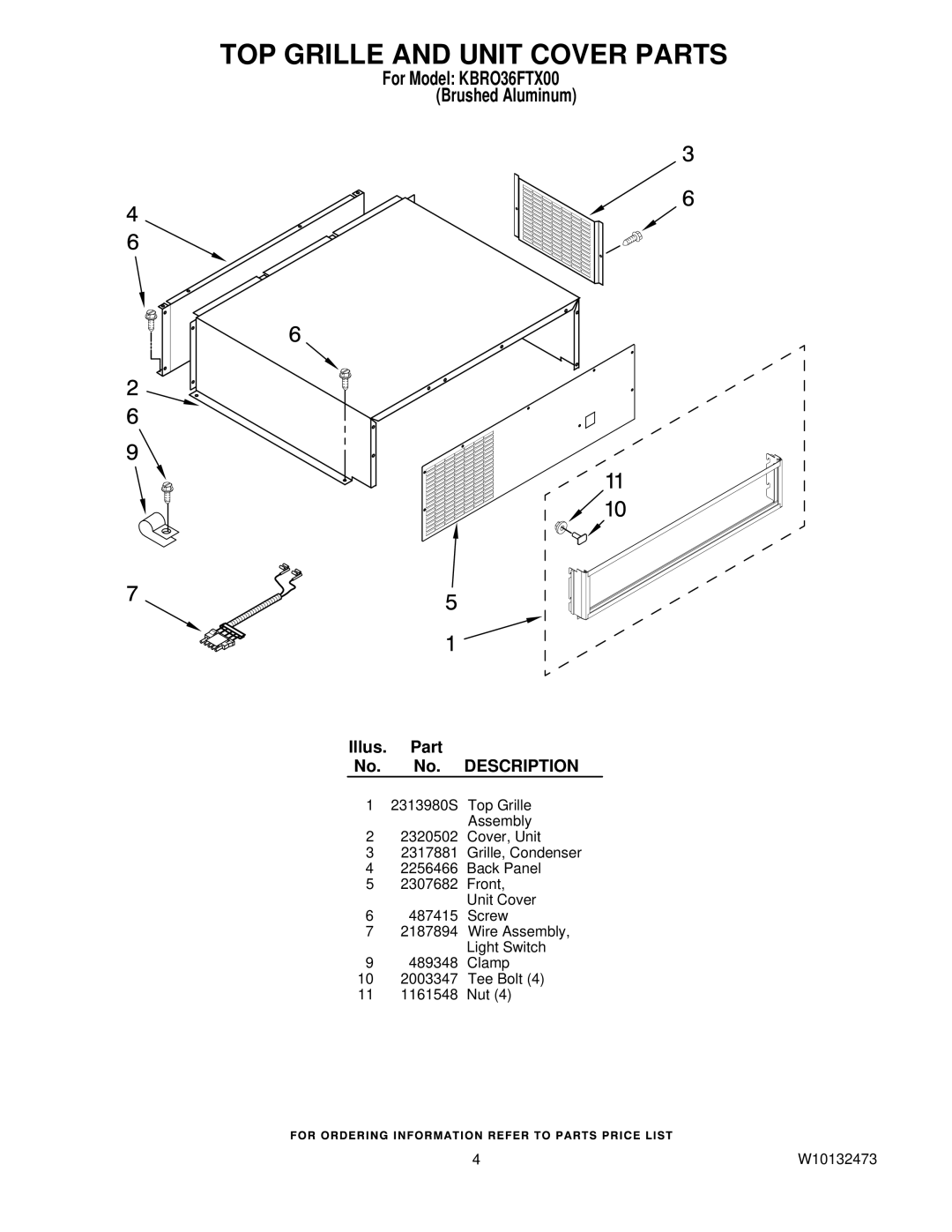 KitchenAid KBRO36FTX00 manual TOP Grille and Unit Cover Parts 