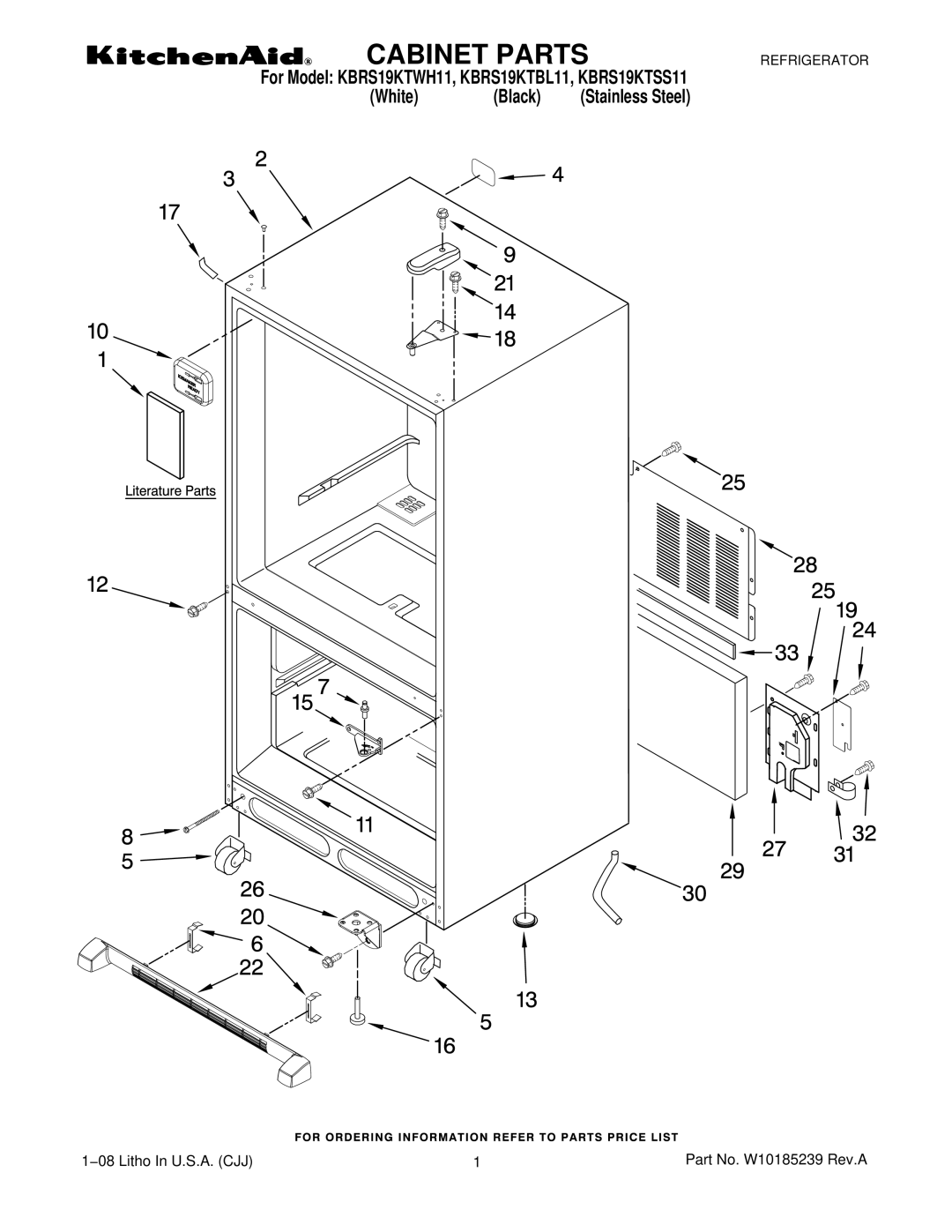 KitchenAid KBRS19KTWH11, KBRS19KTBL11, KBRS19KTSS11 manual Cabinet Parts 