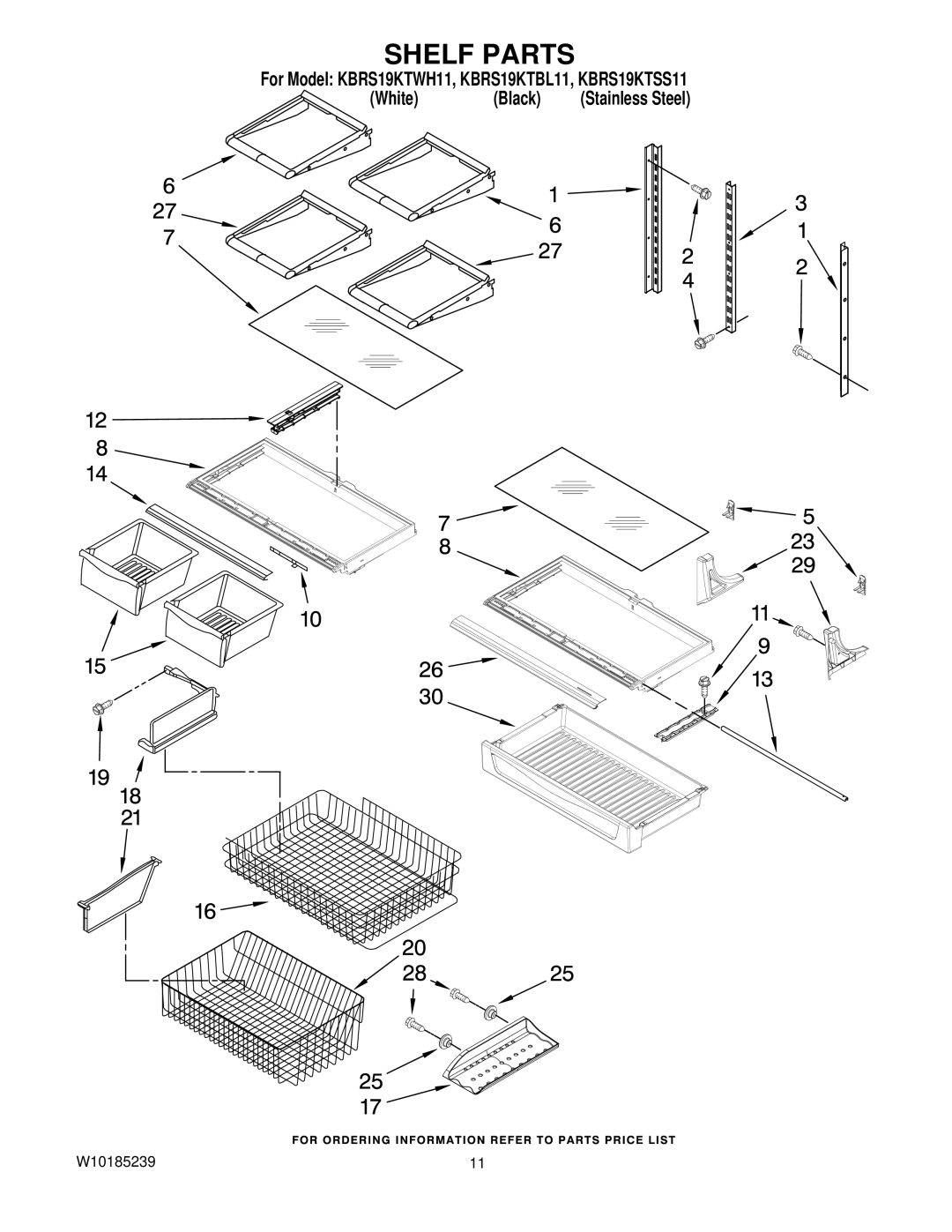 KitchenAid KBRS19KTSS11, KBRS19KTBL11, KBRS19KTWH11 manual Shelf Parts 