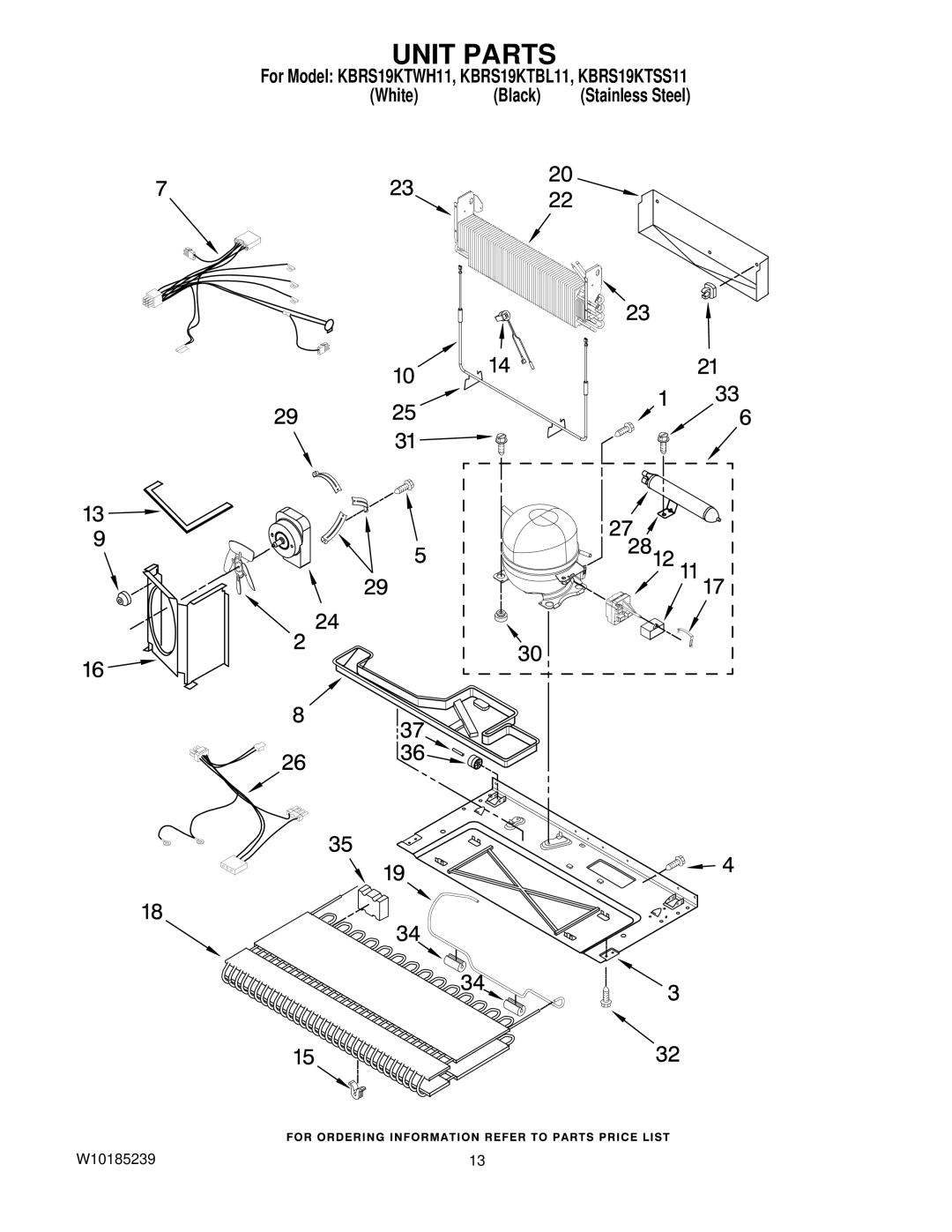 KitchenAid KBRS19KTWH11, KBRS19KTBL11, KBRS19KTSS11 manual Unit Parts 