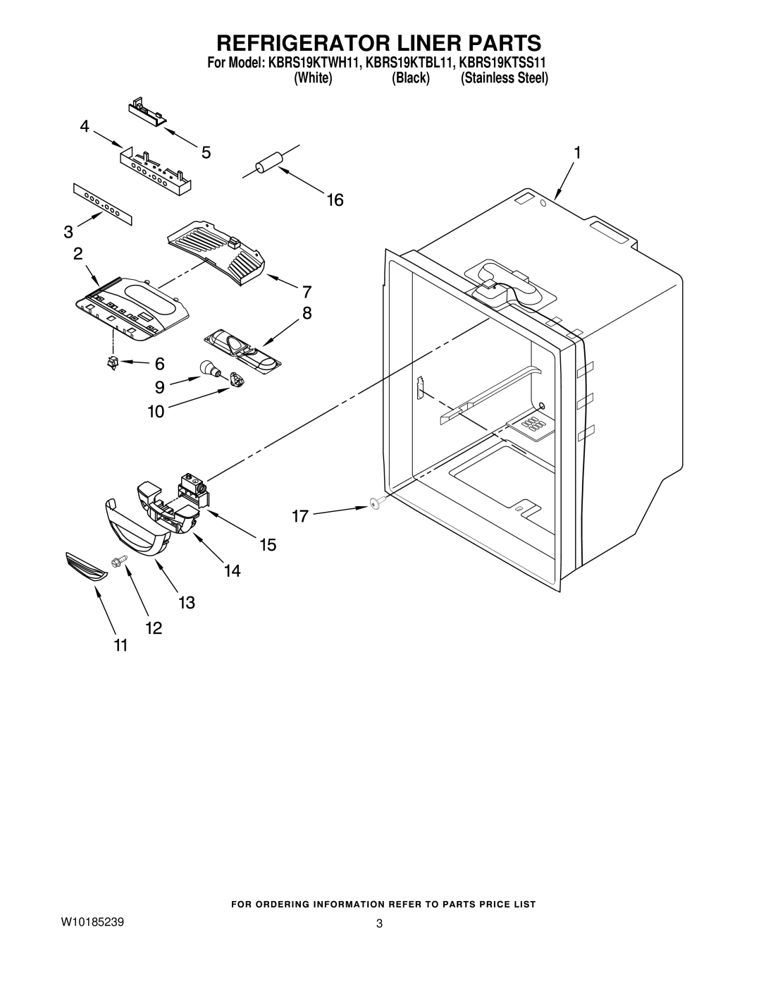 KitchenAid KBRS19KTBL11, KBRS19KTWH11, KBRS19KTSS11 manual Refrigerator Liner Parts 