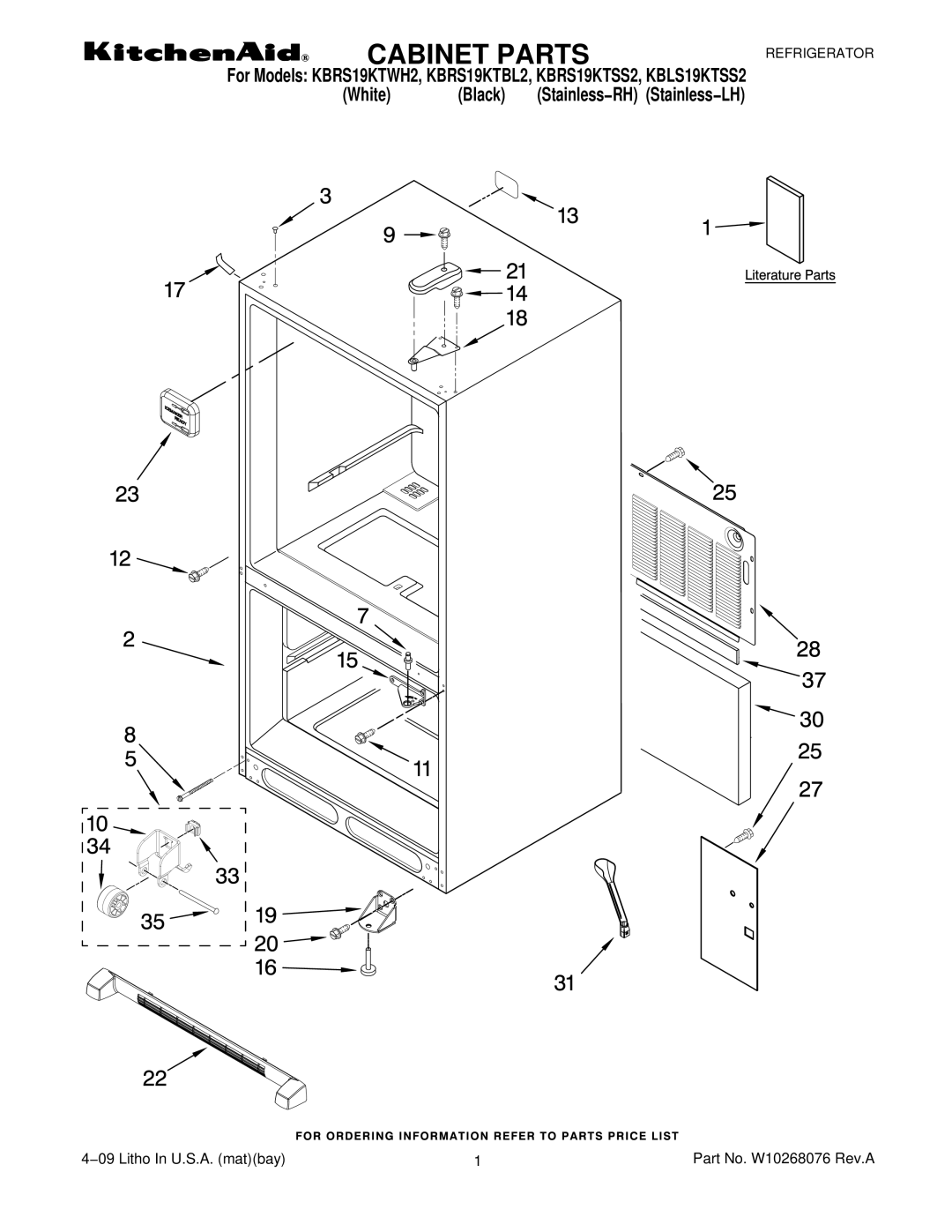 KitchenAid KBLS19KTSS2, KBRS19KTBL2, KBRS19KTSS2, KBRS19KTWH2 manual Cabinet Parts 